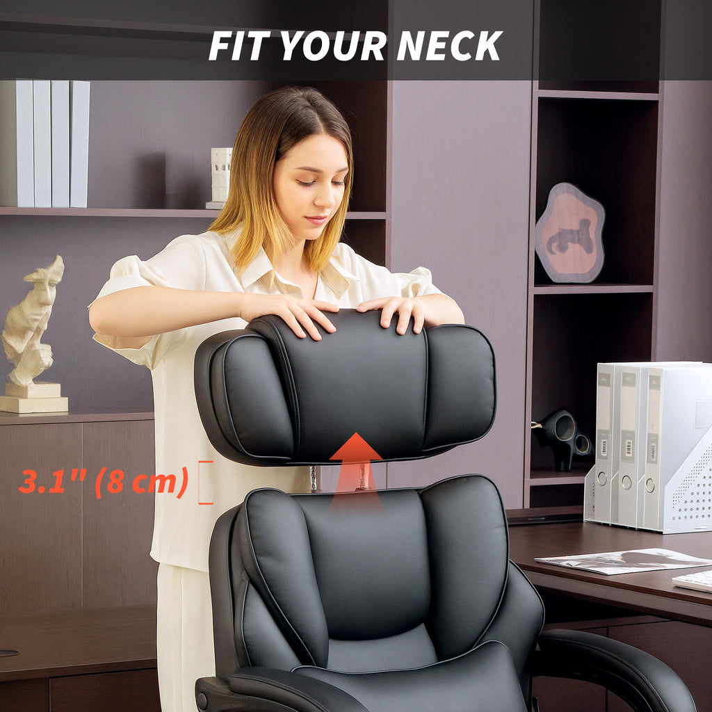PU Leather Office Chair, Reclining Desk Chair with Footrest, Adjustable Headrest, Lumbar Support, Swivel Wheels, Black