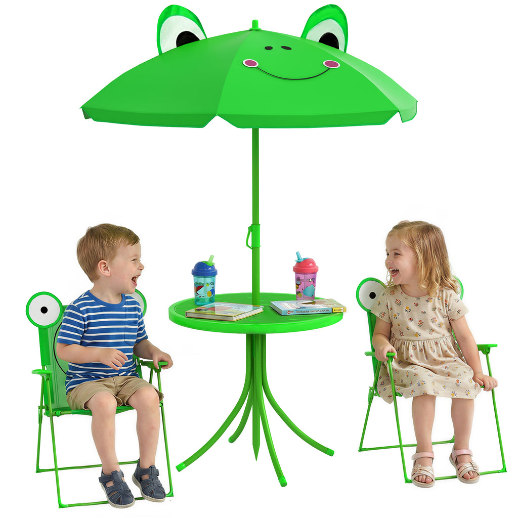 Kids Folding Picnic Table and Chair Set Pattern Outdoor Garden Patio Backyard with Removable & Height Adjustable Sun Umbrella Green