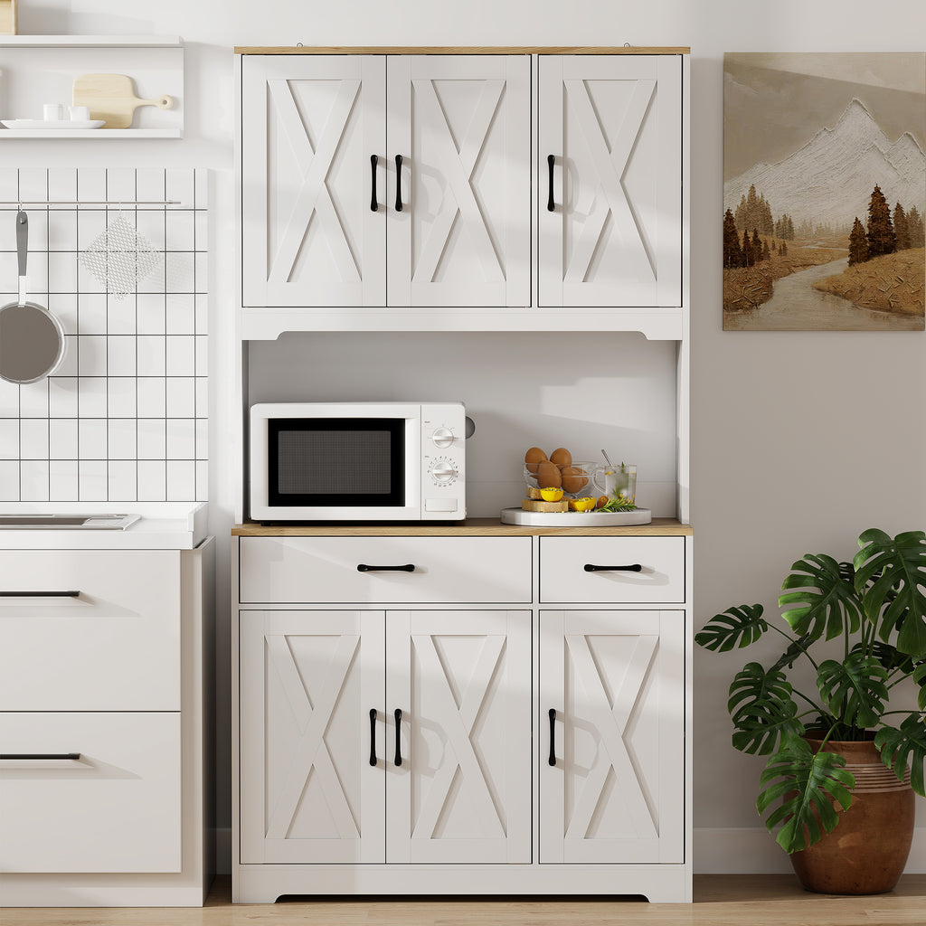 Tall Kitchen Pantry, 6 Doors, 2 Drawers, Adjustable Shelves & Worktop, Rustic Storage Cabinet for Living Room White