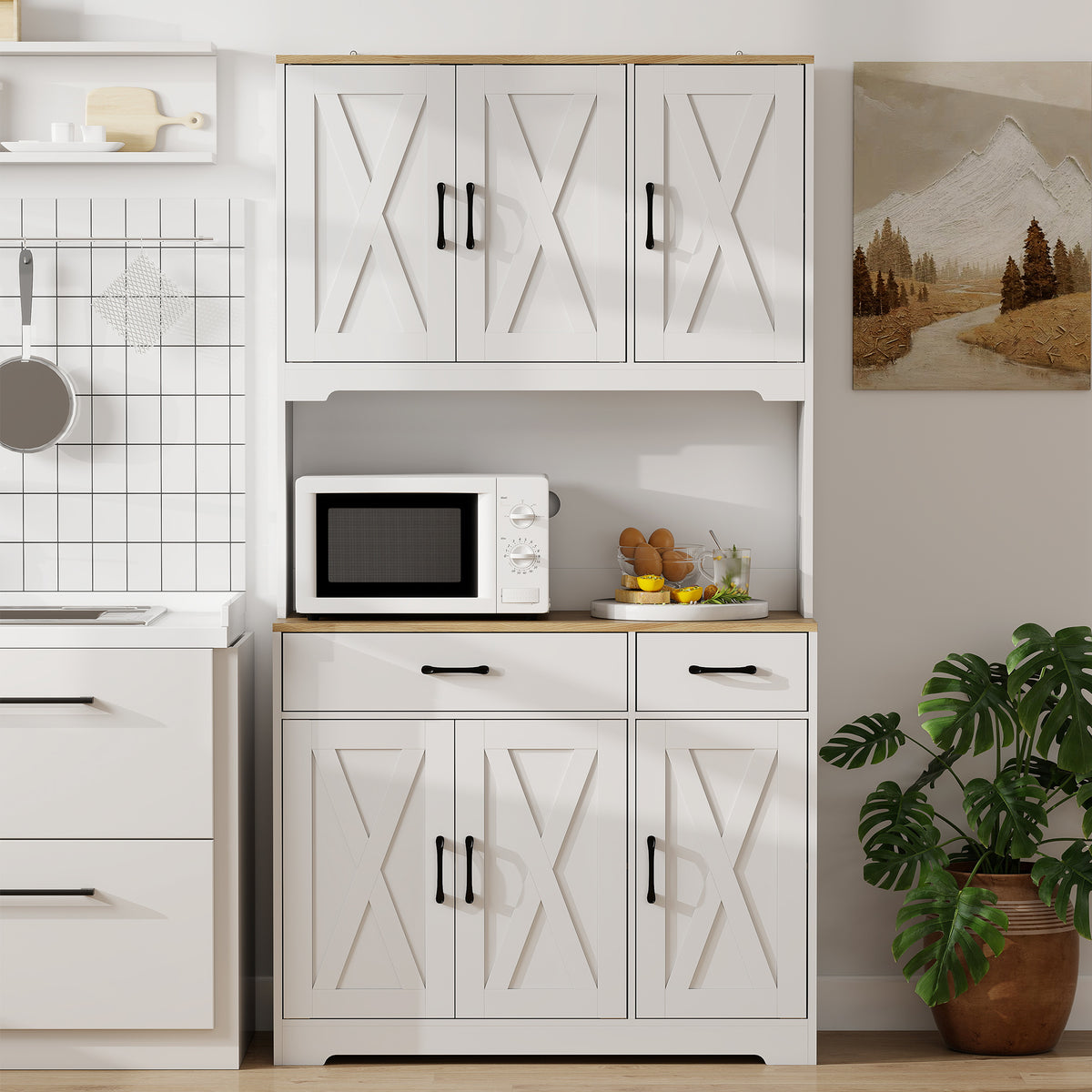 Tall Kitchen Pantry, 6 Doors, 2 Drawers, Adjustable Shelves & Worktop, Rustic Storage Cabinet for Living Room White
