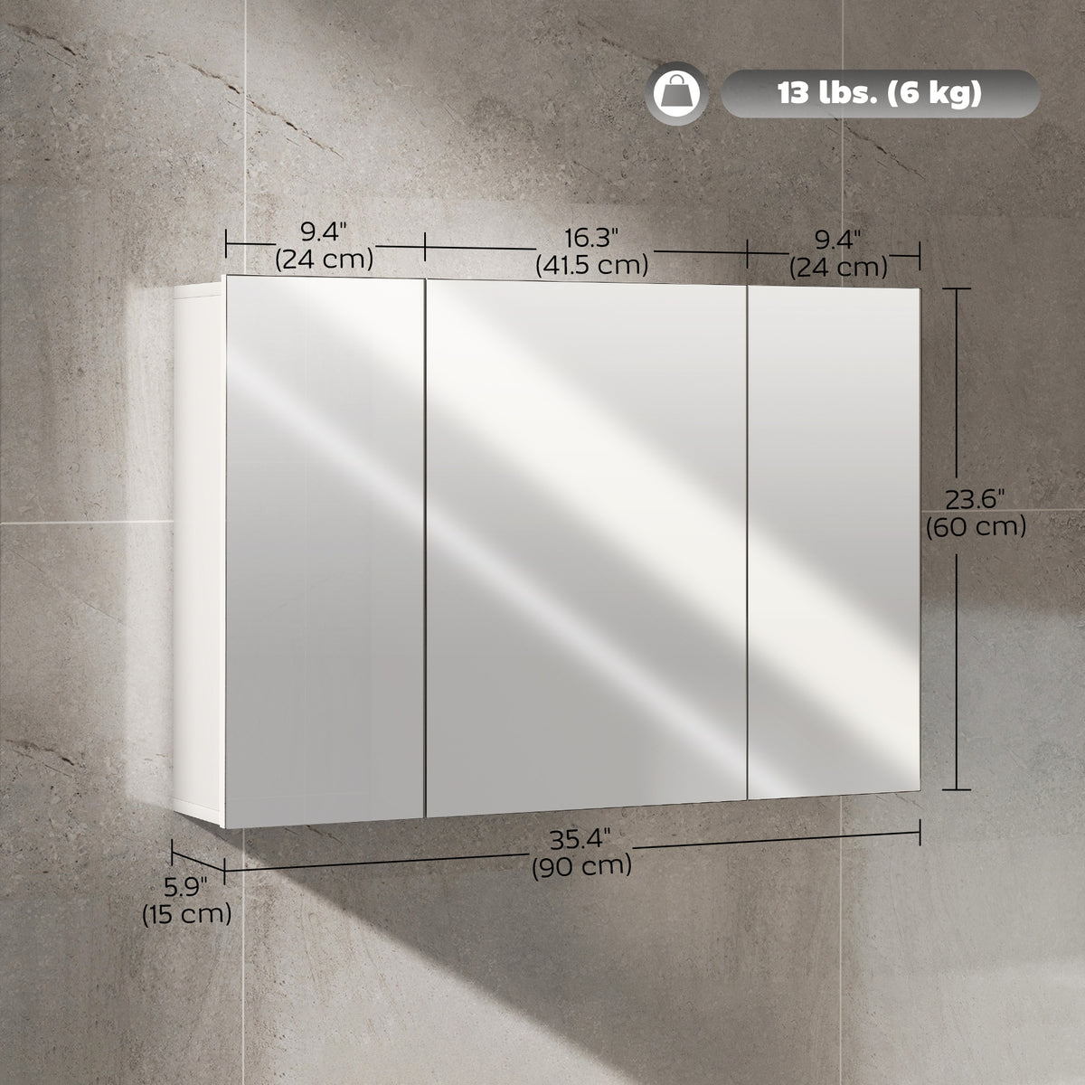 28" x 24" Wall Mounted Mirror Cabinet, Bathroom Medicine Cabinet with Mirror, 3 Doors and Adjustable Shelves, White