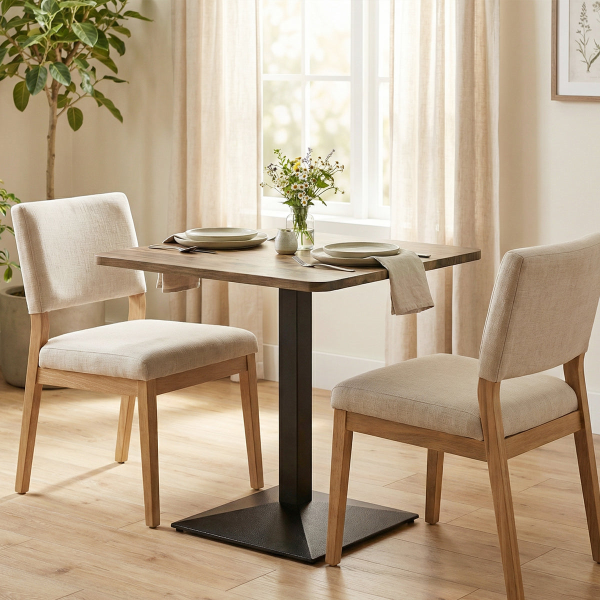 28" Square Dining Table, Modern Dining Room Table with Steel Base, Space Saving Small Kitchen Table, Walnut Wood Grain
