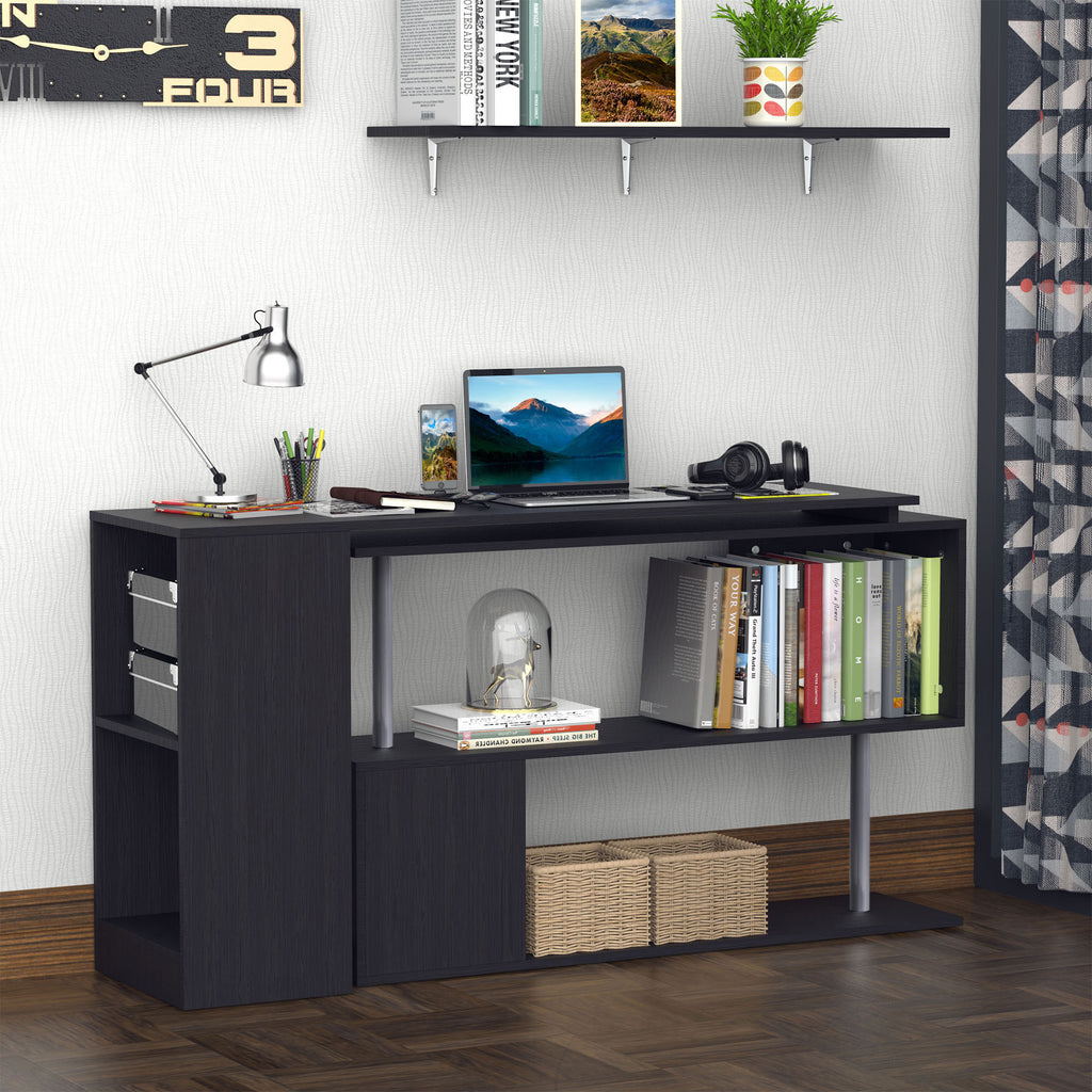 55" Corner Computer Desk, 360° Rotating L-Shaped Desk, Home Office Workstation with 3-Tier Shelves, Bookshelf, White