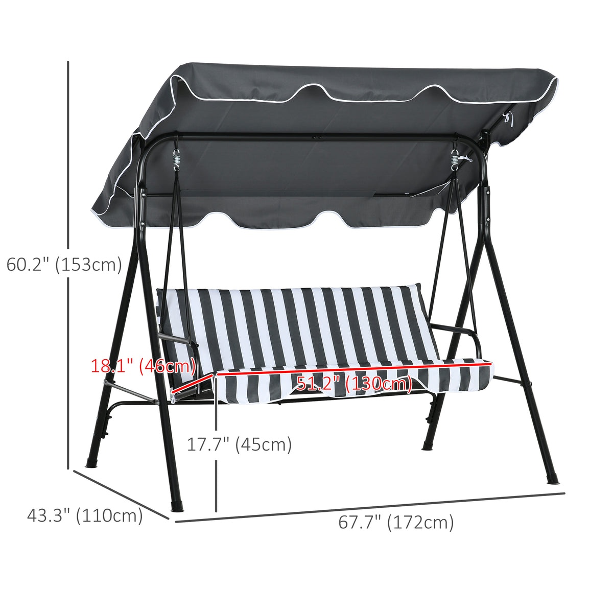 3-Seater Outdoor Porch Swing with Adjustable Canopy, Patio Swing Chair for Garden, Poolside, Backyard, Green and White