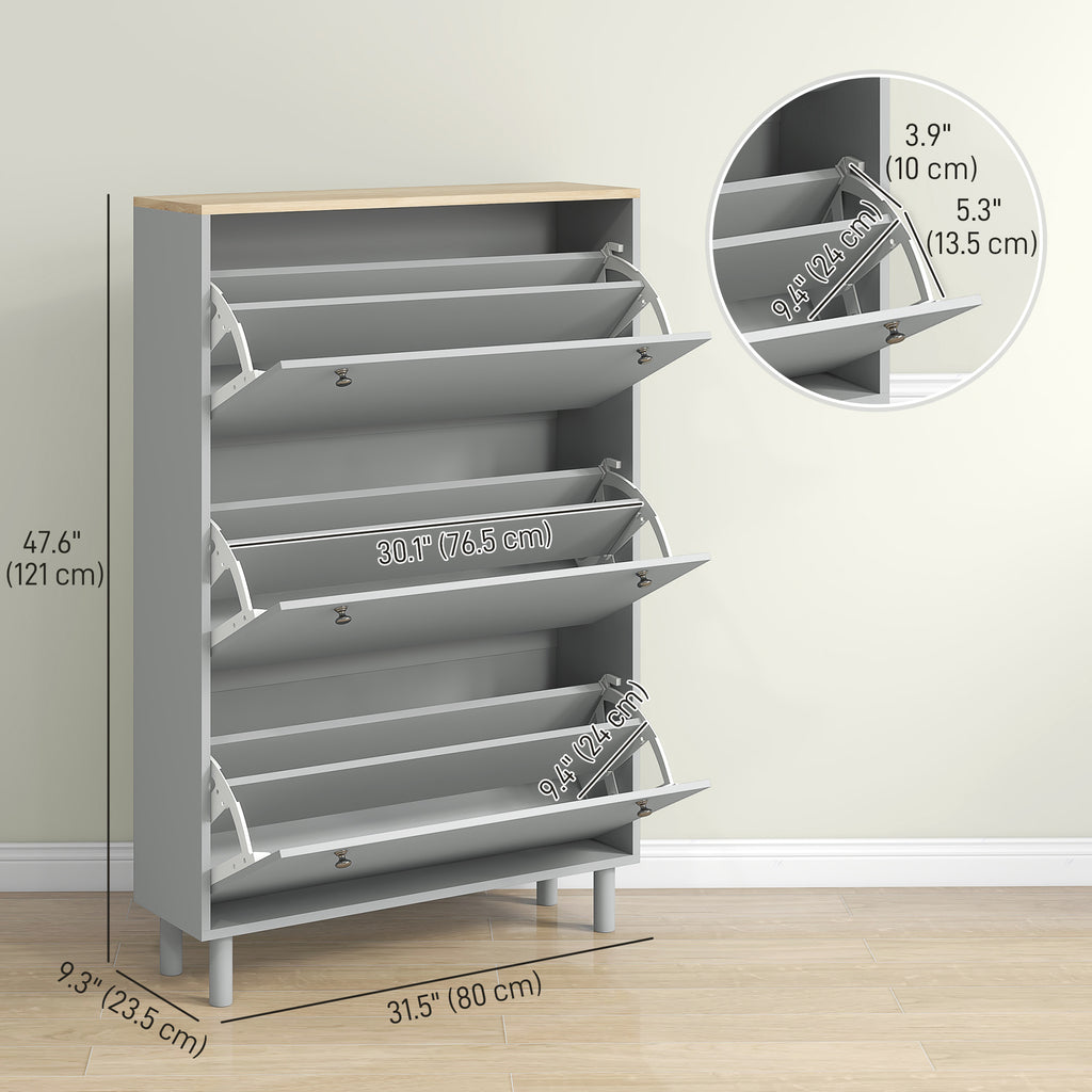 Entryway Shoe Storage Small Modern Flip-Flop Shoe Cabinet with 3 Flip Drawers Adjustable Shelves for 24 Pairs of Shoes, Grey