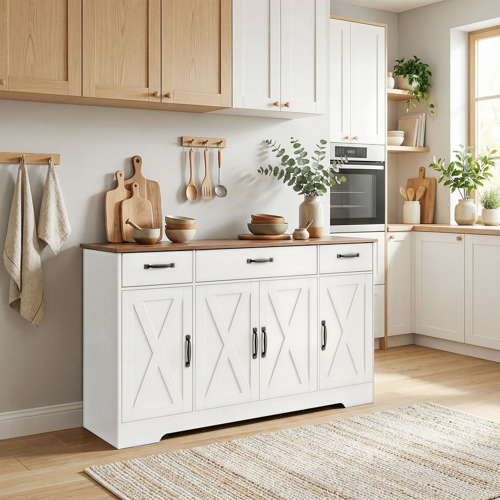 Sideboard Buffet Cabinet, 55" Farmhouse Kitchen Cabinet with 4 Barn Doors, 3 Drawers, 3 Adjustable Shelves, White