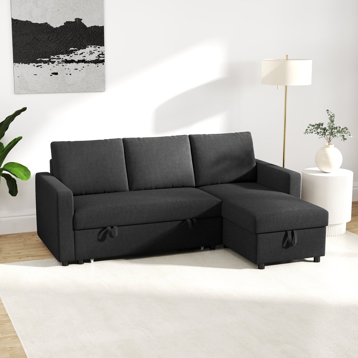 83" Sofa Bed, Pull Out Sleeper L Shaped Sectional Couch with Reversible Storage Chaise, Wide and Deep Seat, Black
