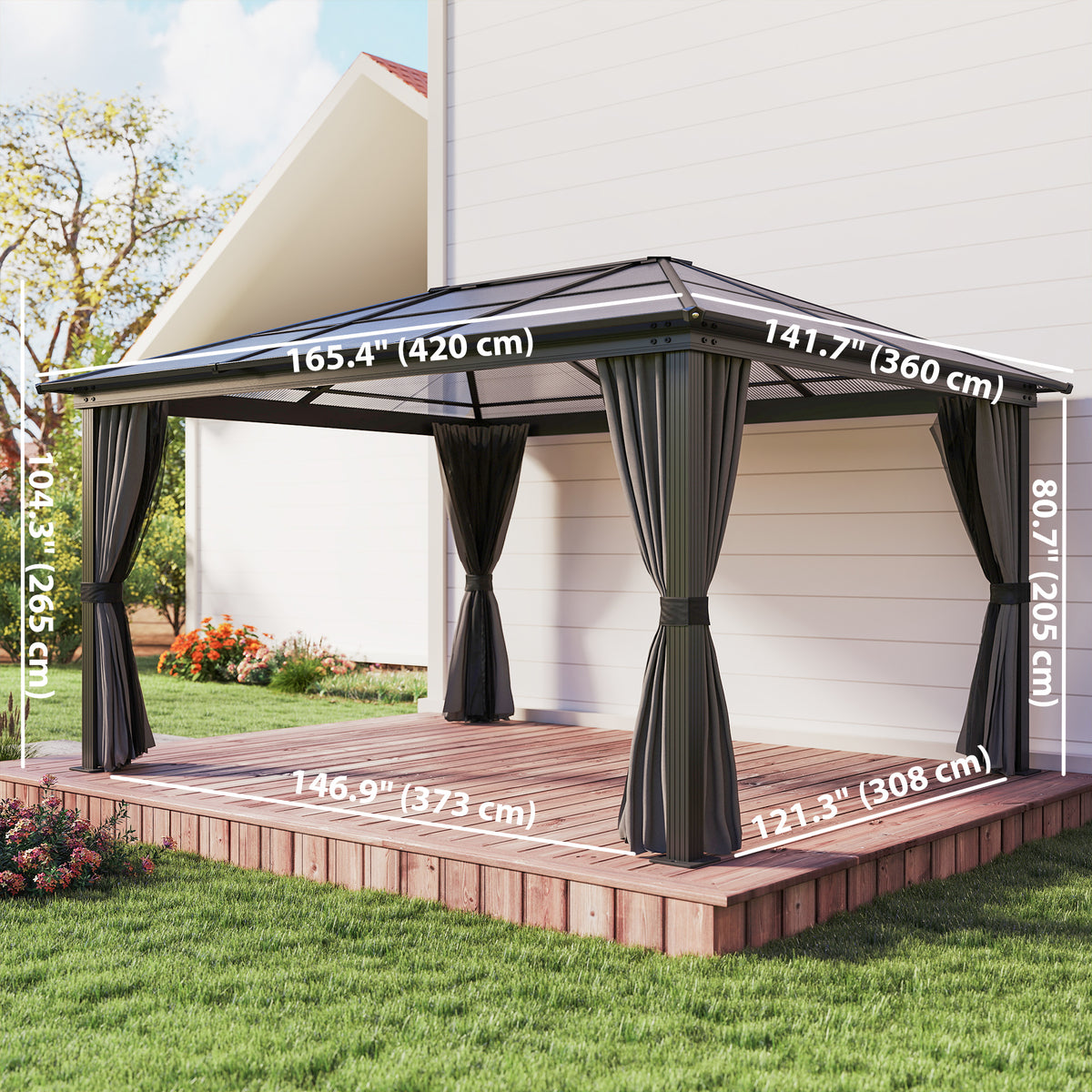 12' x 15' ሃርድቶፕ ጋዜቦ ካኖፒ ብፖሊካርቦኔት ጣሪያ፣ ኣሉሚኒየም ፍሬም፣ መርበብ፣ መጋረጃታትን ጣሪያ ሁክን፣ ጸሊም ግራጫ