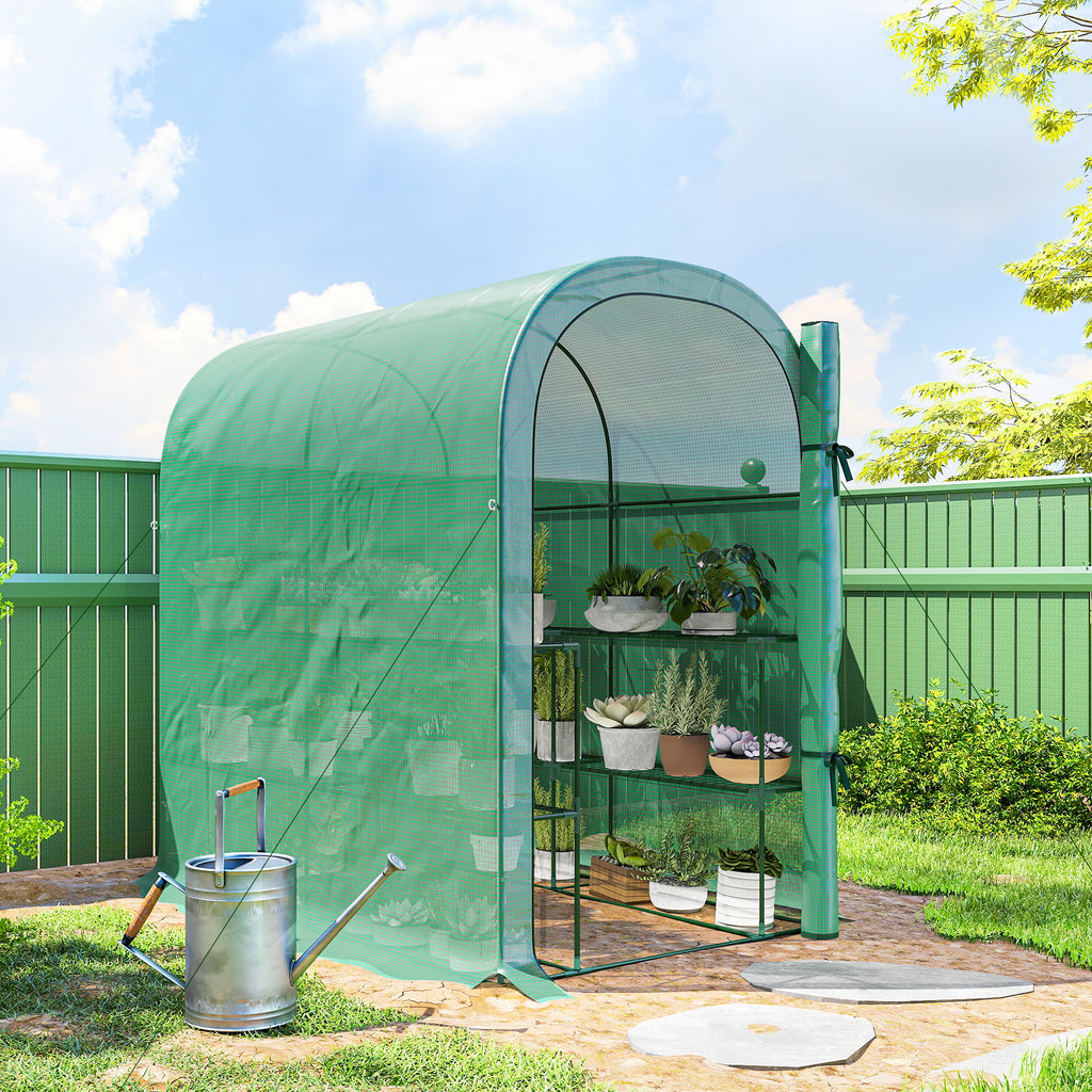 Walk-in Mini Greenhouse with Shelves, Portable Outdoor Greenhouse with Roll-up Door, 123 x 187 x 189 cm, White