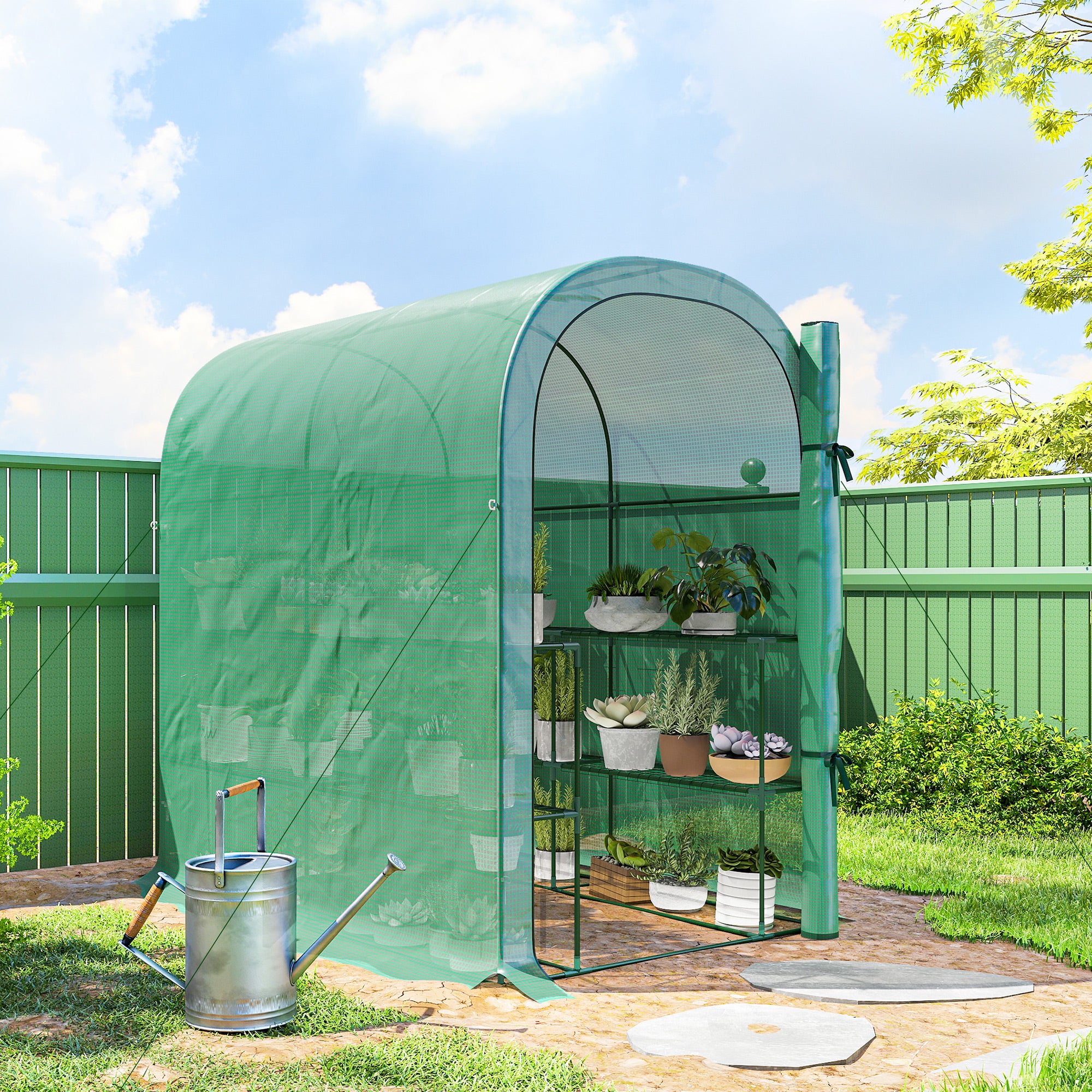 Walk-in Mini Greenhouse with Shelves, Portable Outdoor Greenhouse with Roll-up Door, 123 x 187 x 189 cm, White
