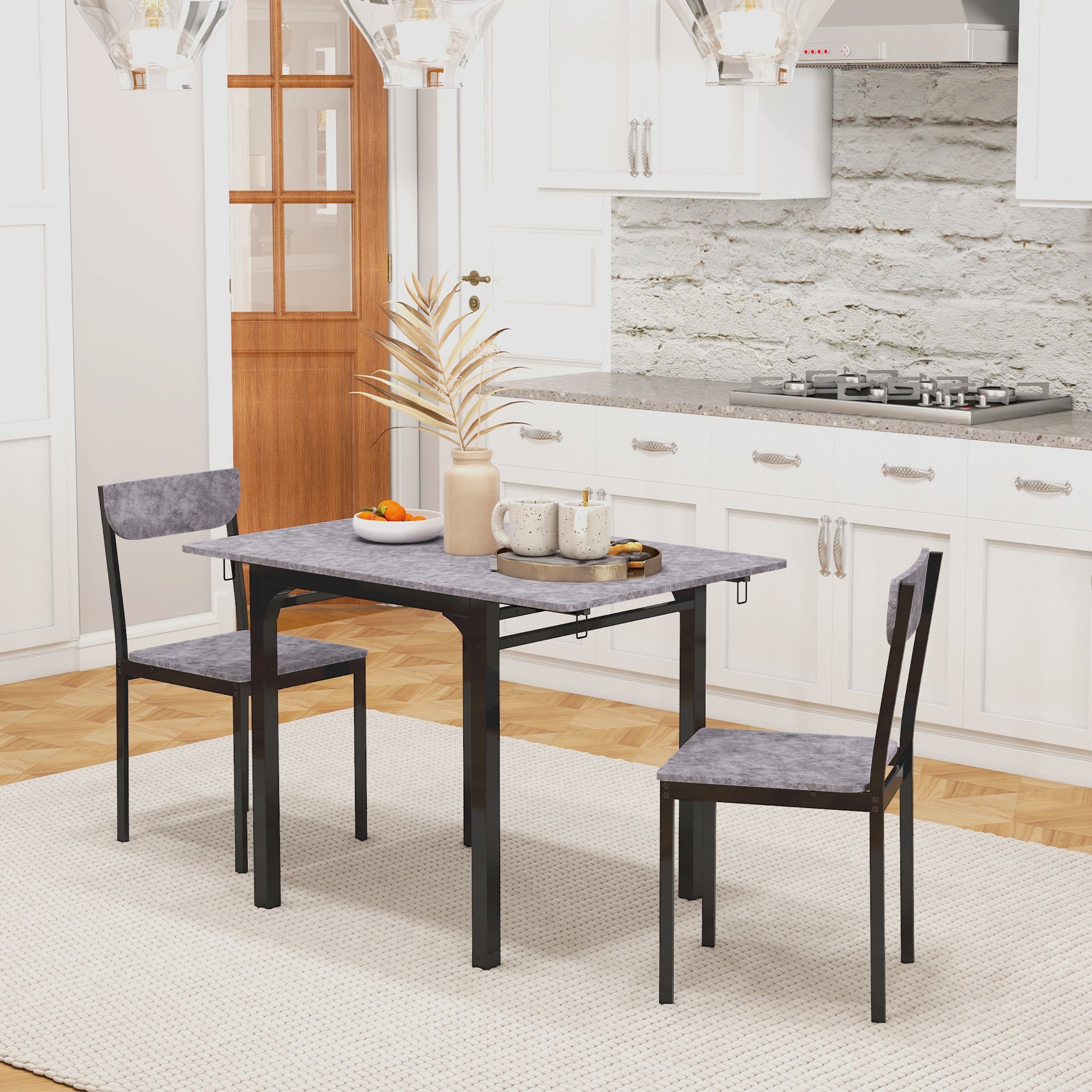 Foldable Dining Table Set for 2, Drop-Leaf Kitchen Table with 2 Chairs for Apartments, Studios, Natural Drop-leaf Dining Table Set Includes 2 Chairs