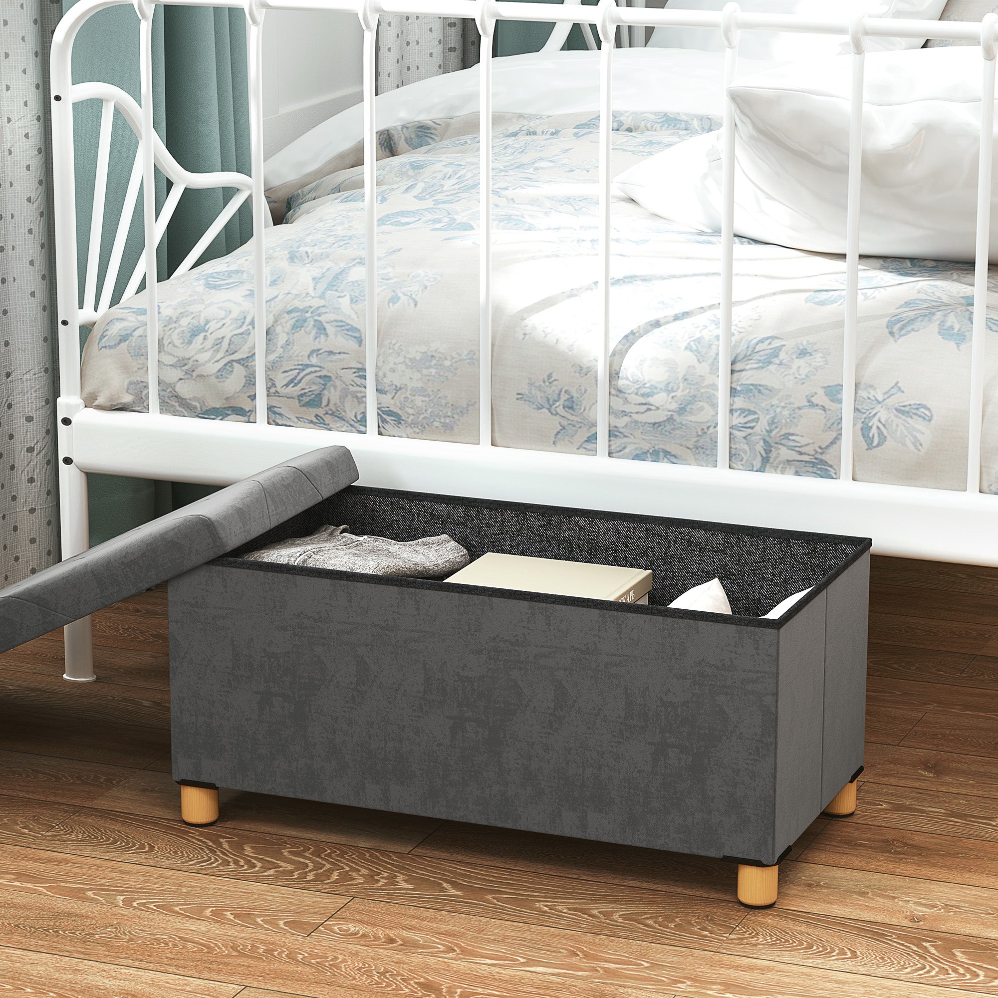 Storage Ottoman Bench, Velvet Upholstered Foldable Ottoman Footrest, Foot Stool with Wood Legs for Living Room, Bedroom