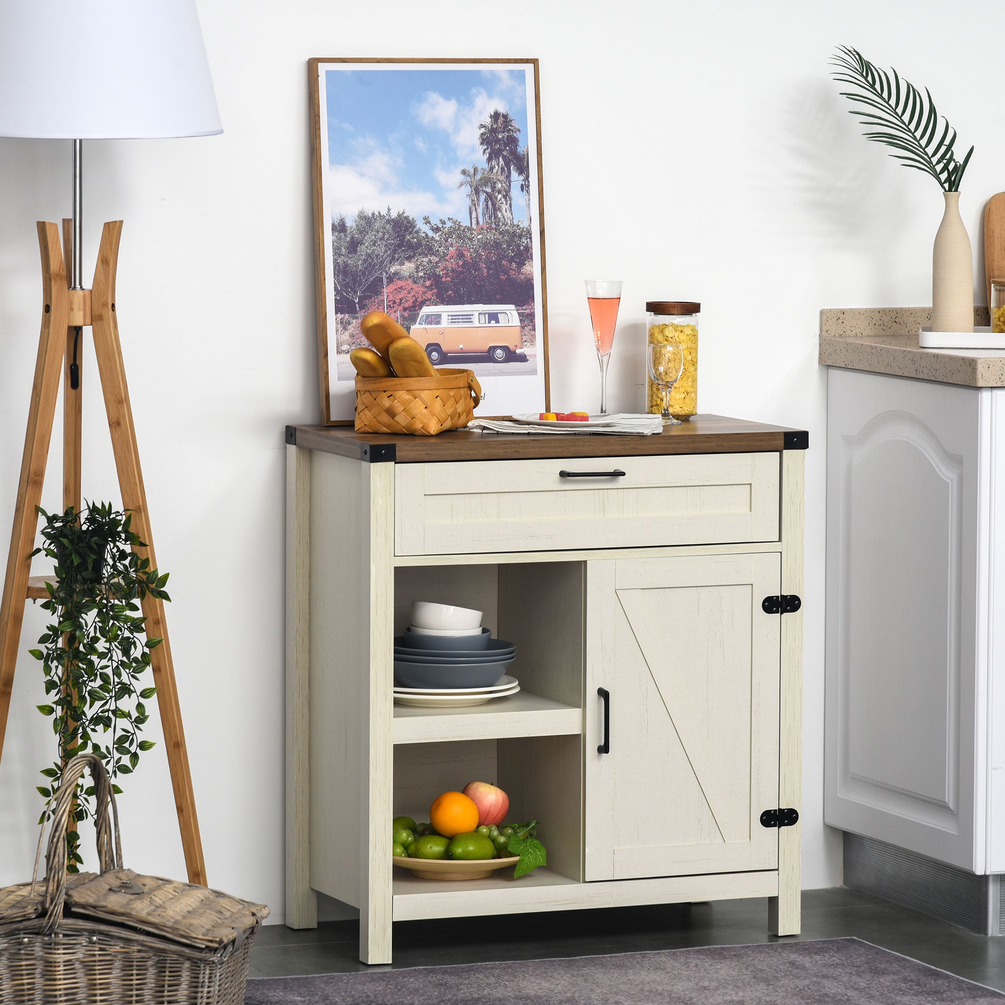 Rustic Barn Door Storage Cabinet Modern Farmhouse Buffet Sideboard for Kitchen and Dining Room White