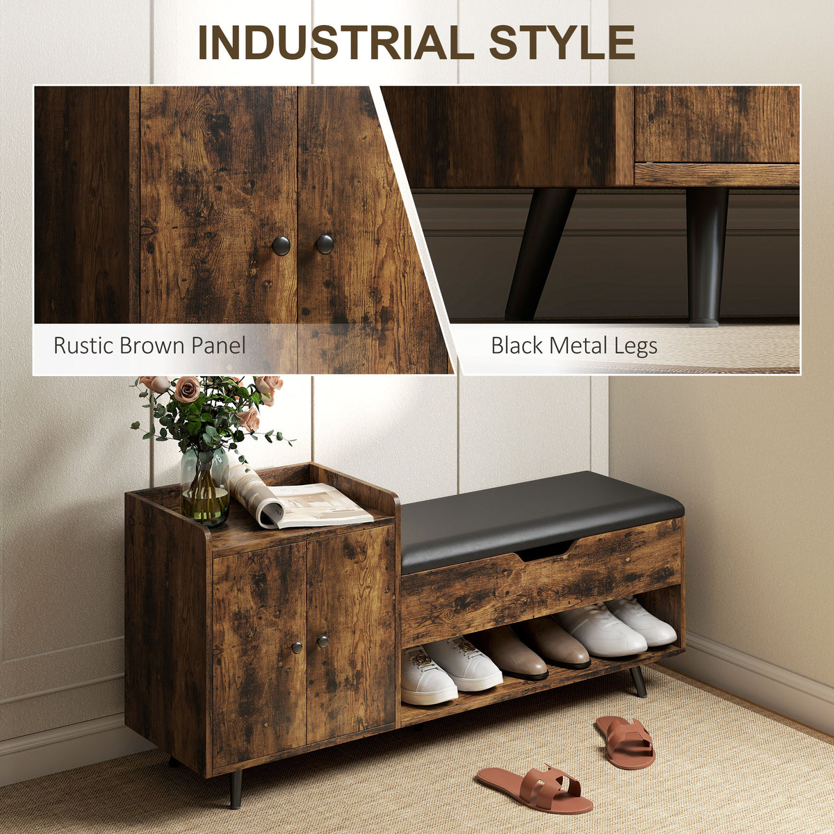 Storage Bench, Entryway Bench with Cushion, Hidden Storage, Compartments, Rustic Brown