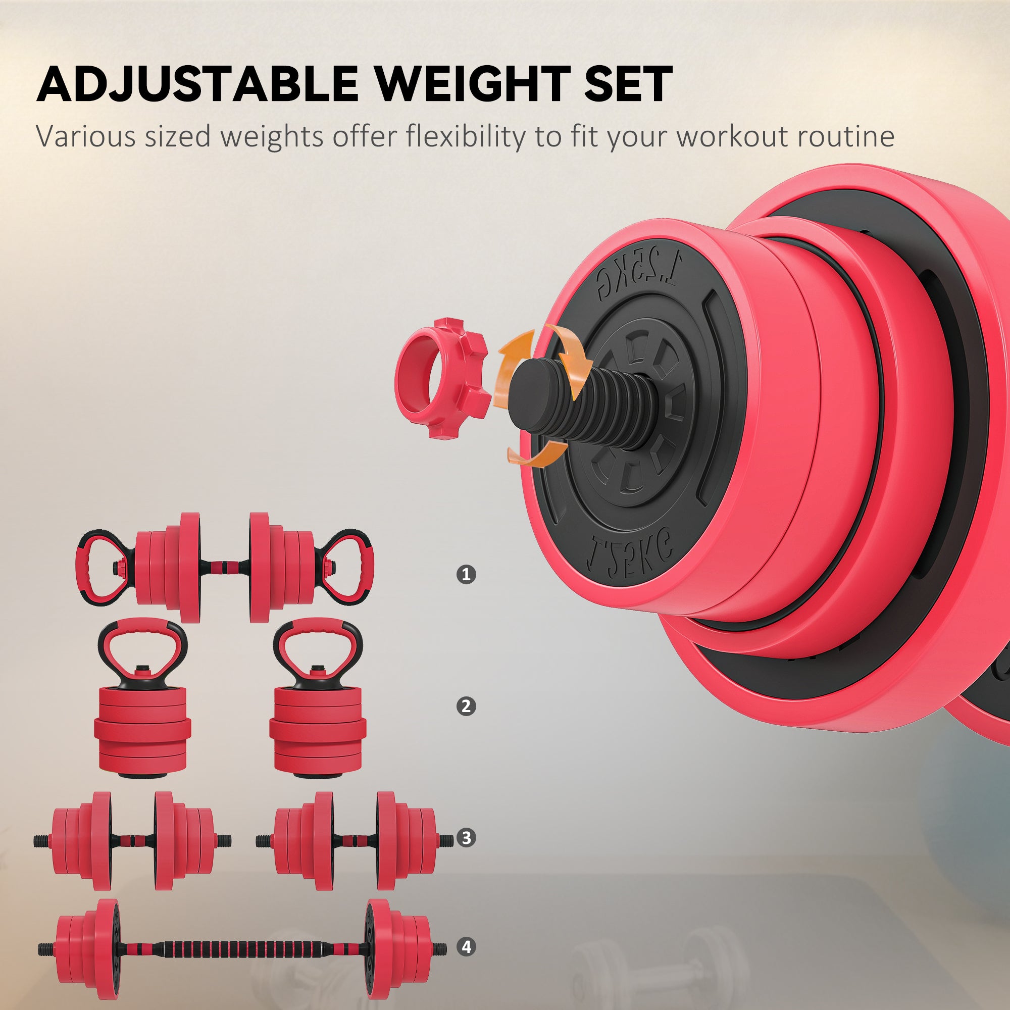 Soozier 66lbs 4-in-1 Adjustable Weight Dumbbell Set, Barbell, Kettlebell, Push Up Stand, Red