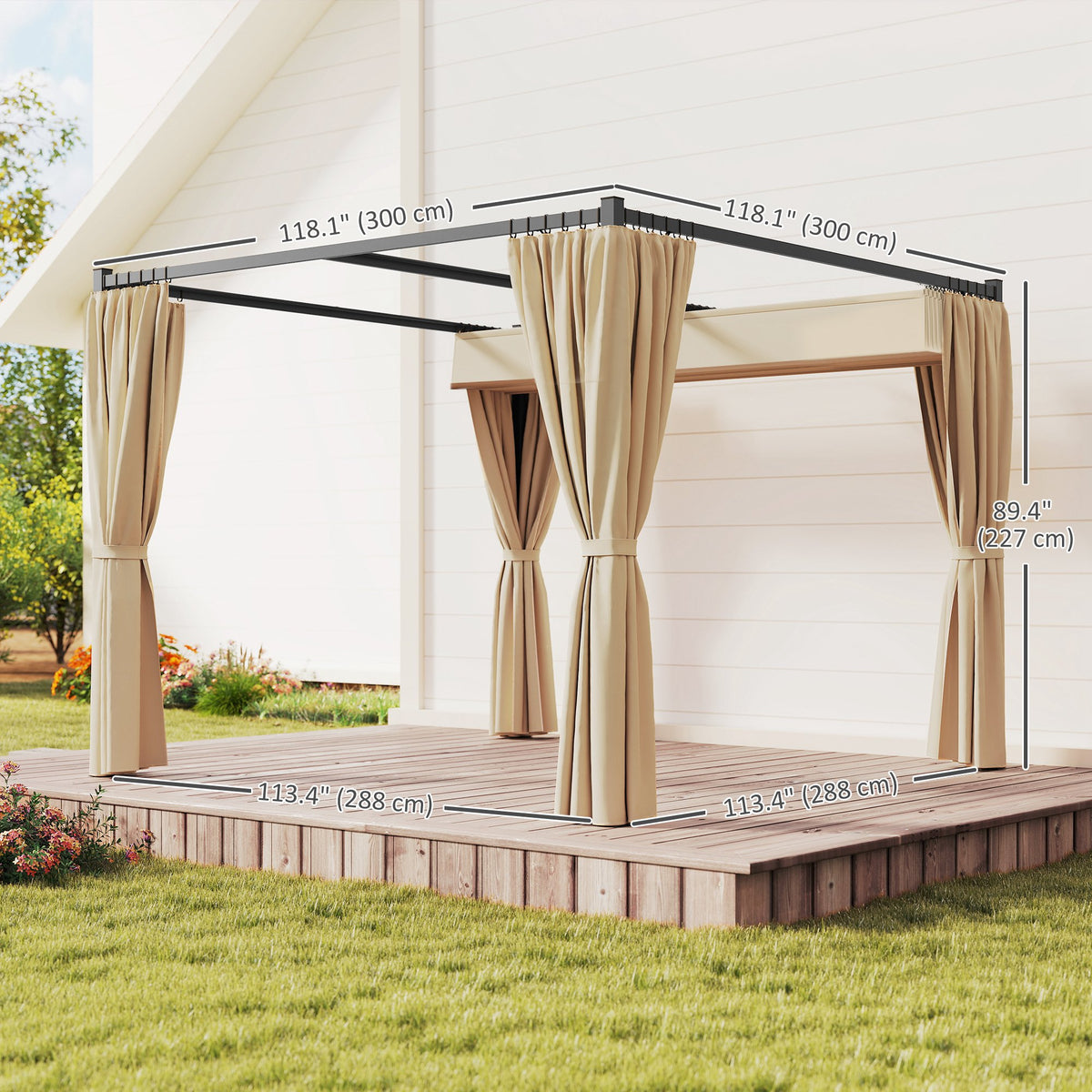 10' x 10' ክሳብ ዝምለስ ዝኽእል ፐርጎላ ሽፋን ምስ ጎንጎን መከላኸሊ፣ ብረታዊ ደጋዊ ጋዜቦ ጽላል መከላኸሊ፣ ቢጅ ቀለም