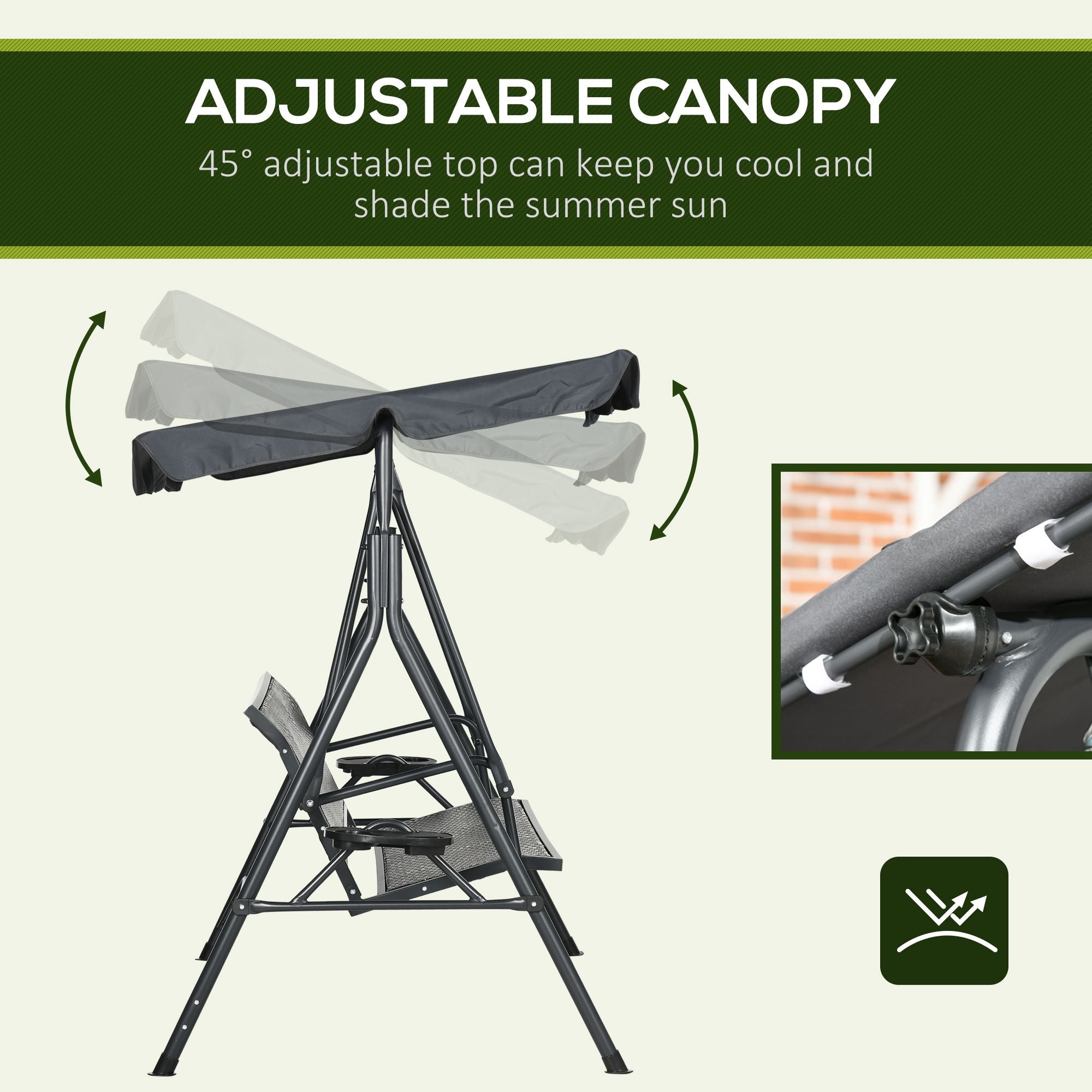 3-Seat Patio Swing Chair, Outdoor Canopy Swing Glider with Adjustable Shade, Rattan Seat and Steel Frame, for Porch, Garden, Poolside, Dark Grey