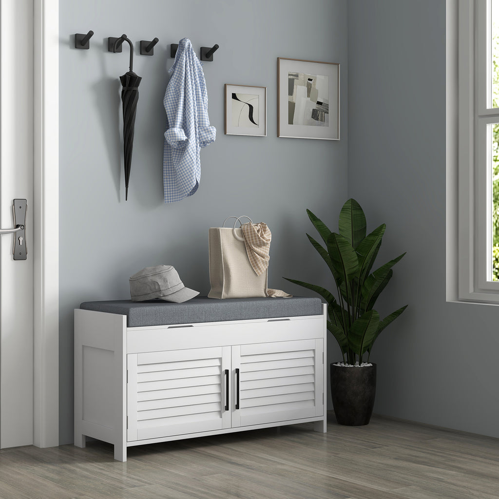 Entryway Bench with Cushion, Hidden Storage, Adjustable Shelves and Shutter Doors, 35.4" Shoe Bench, White