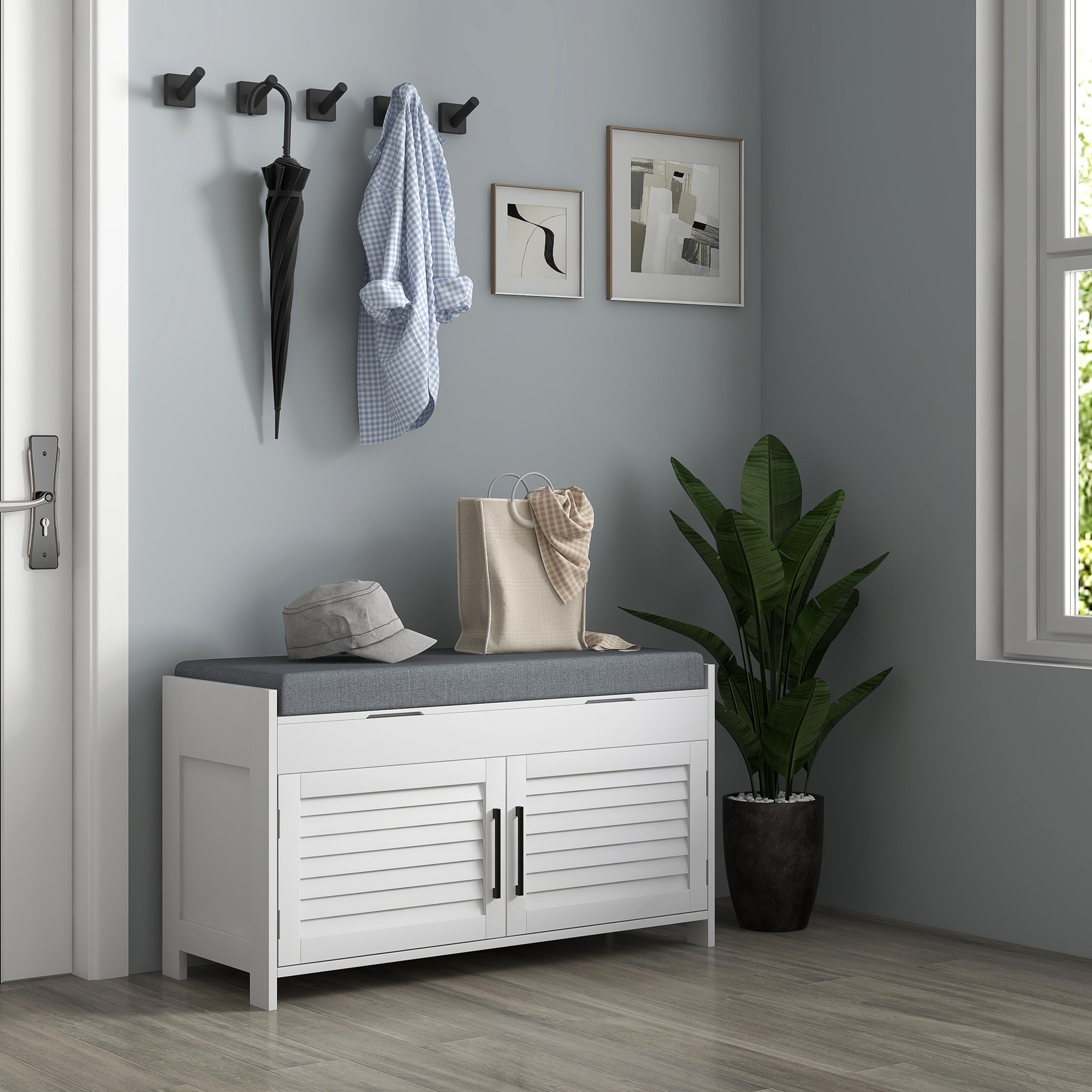 Entryway Bench with Cushion, Hidden Storage, Adjustable Shelves and Shutter Doors, 35.4" Shoe Bench, White