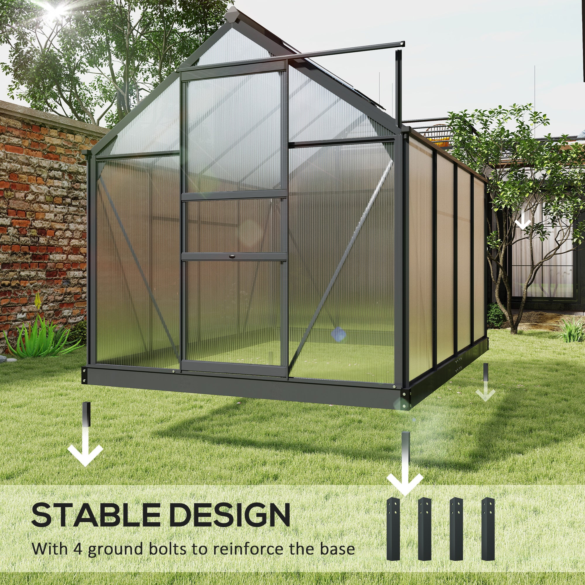 Greenhouse Garden, Green House, Outdoor Greenhouse Kit, PC Board with Sliding Door, 6.2' x 8.3' x 6.6', Grey