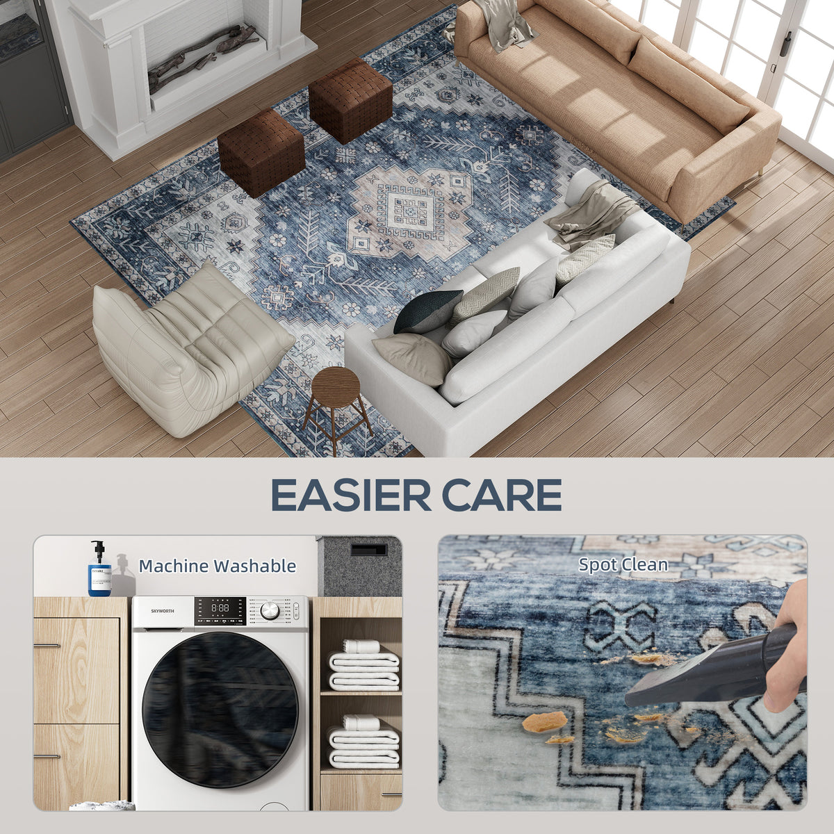 6x9 Area Rug, Vintage Machine Washable Rug, Non-Slip Floor Carpet for Living Room, Bedroom, Dining Room, Blue