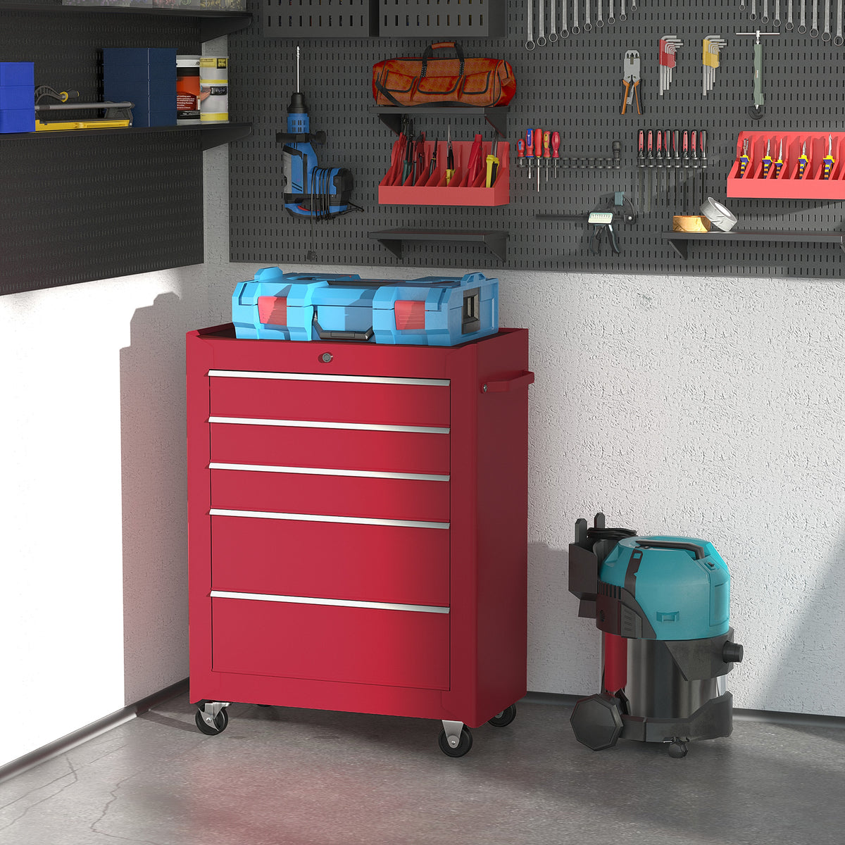 5-Drawer Rolling Tool Cabinet on Wheels, Lockable Tool Chest, Tool Organizer for Garage, Factory and Workshop, Black