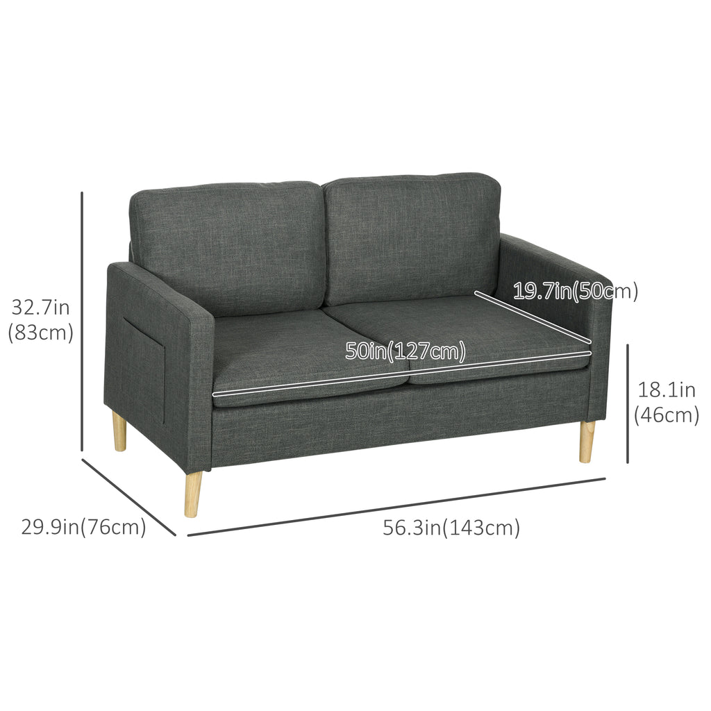 56" 2 Seat Sofa, Modern Love Seats Furniture, Upholstered 2 Seater Couch with Side Pockets, Solid Wood Frame, Grey