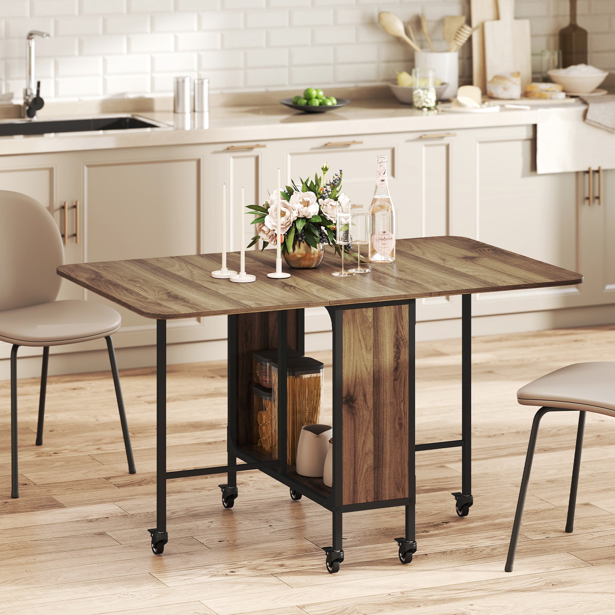 Folding Dining Table, Extendable Kitchen Table for Small Spaces with Storage Shelf and 6 Wheels, Brown Wood Grain