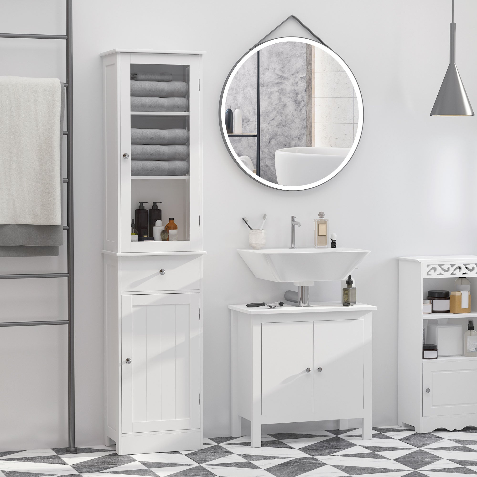 Tall Bathroom Cabinet, Bathroom Storage Cabinet with Drawers, 2 Doors and Adjustable Shelves, White