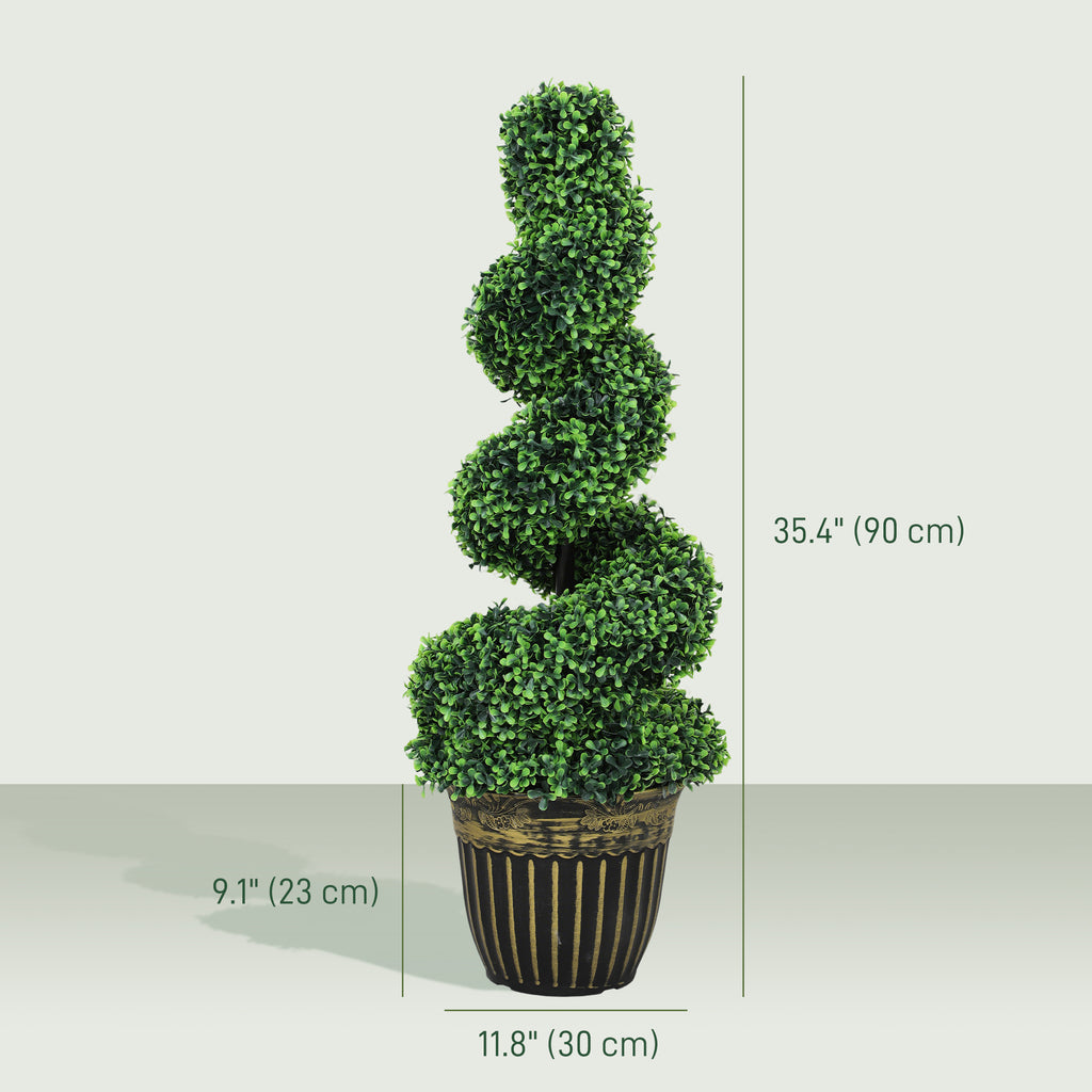 Set of 2 Artificial Plants, Topiary Spiral Boxwood Trees with Pot, for Home Indoor Outdoor Decor, 90cm