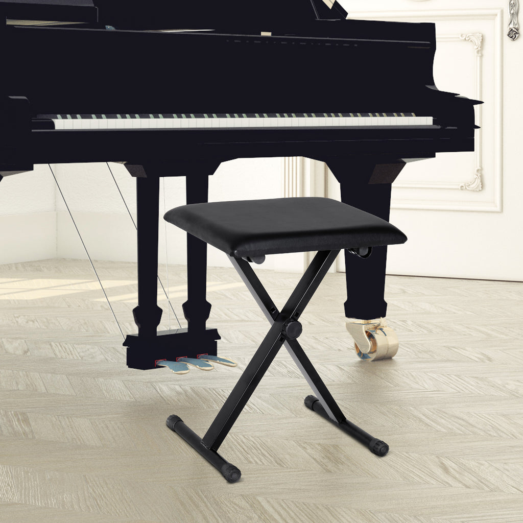 Adjustable Piano Bench, X-Style Folding Piano Stool with Padded Seat, Non-Slip Rubber Feet, Keyboard Chair, Black
