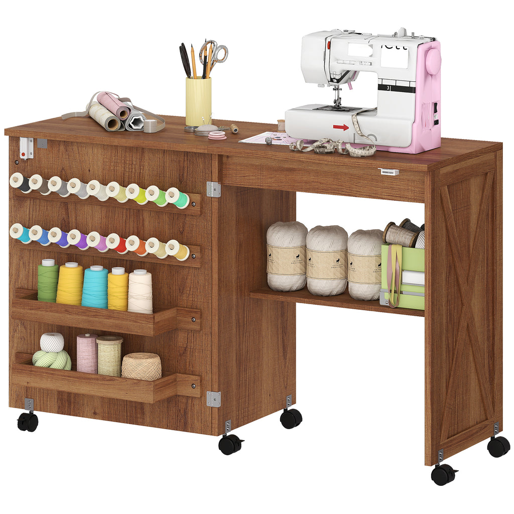 Sewing Machine Table on Wheels, Folding Craft Table with 2 Bins, Storage Shelf, 18 Pegs, Lockable Wheels, Brown