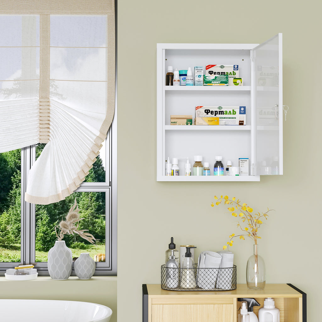 Lockable Medicine Cabinet, 3 Tier Steel Medical Wall Box with 2 Keys and Shelves for Bathroom, White