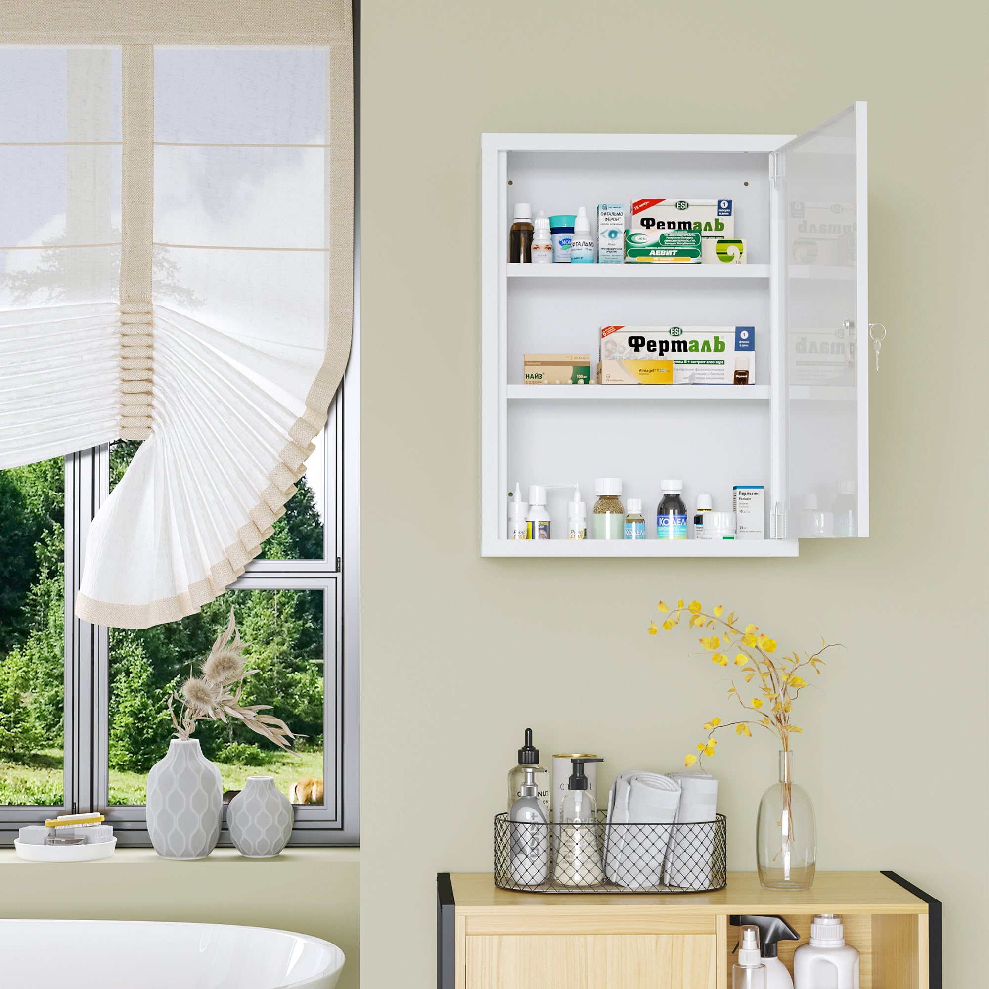 Lockable Medicine Cabinet, 3 Tier Steel Medical Wall Box with 2 Keys and Shelves for Bathroom, White