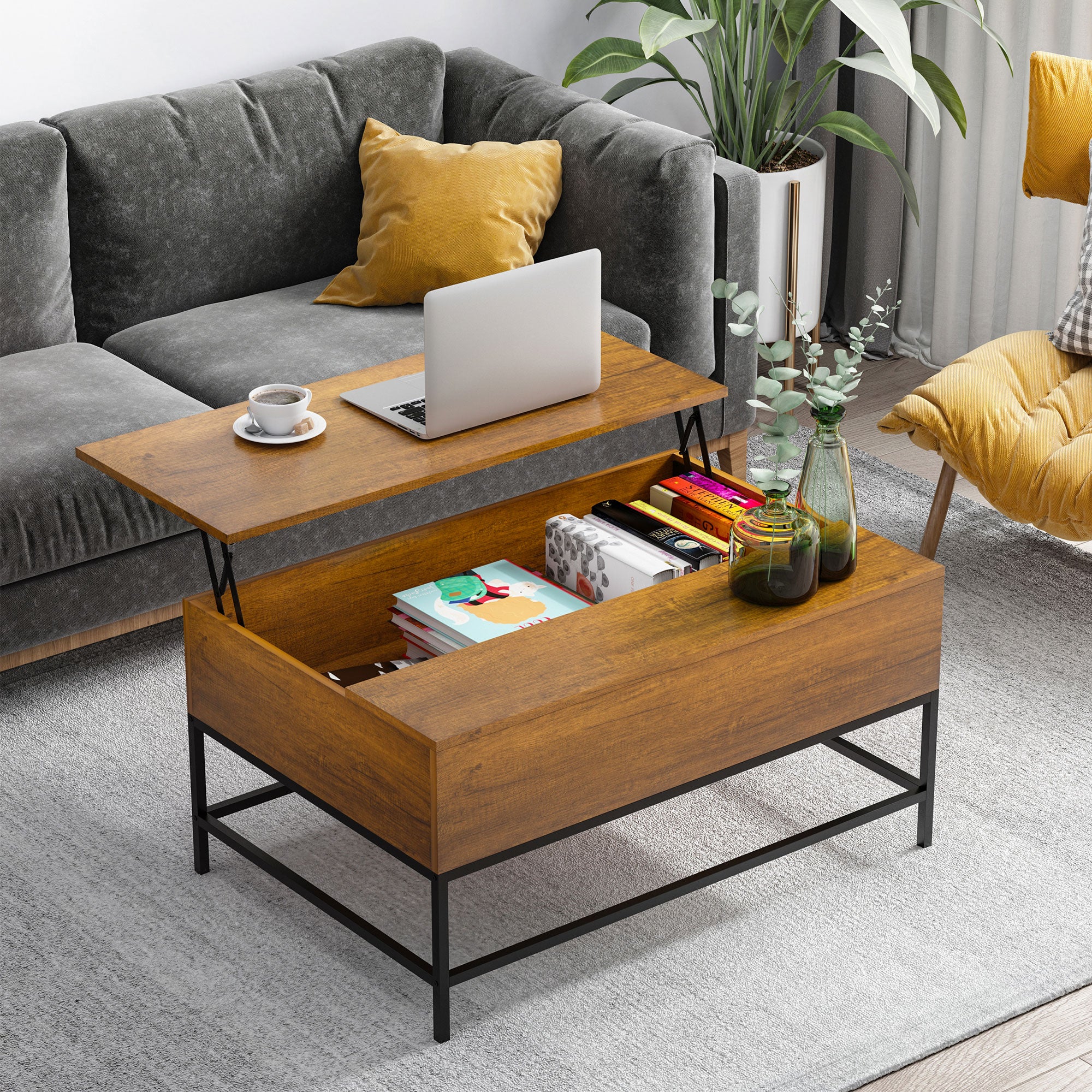 Lift Top Coffee Table with Hidden Storage Compartment Lift Tabletop Center Table for Living Room, Teak