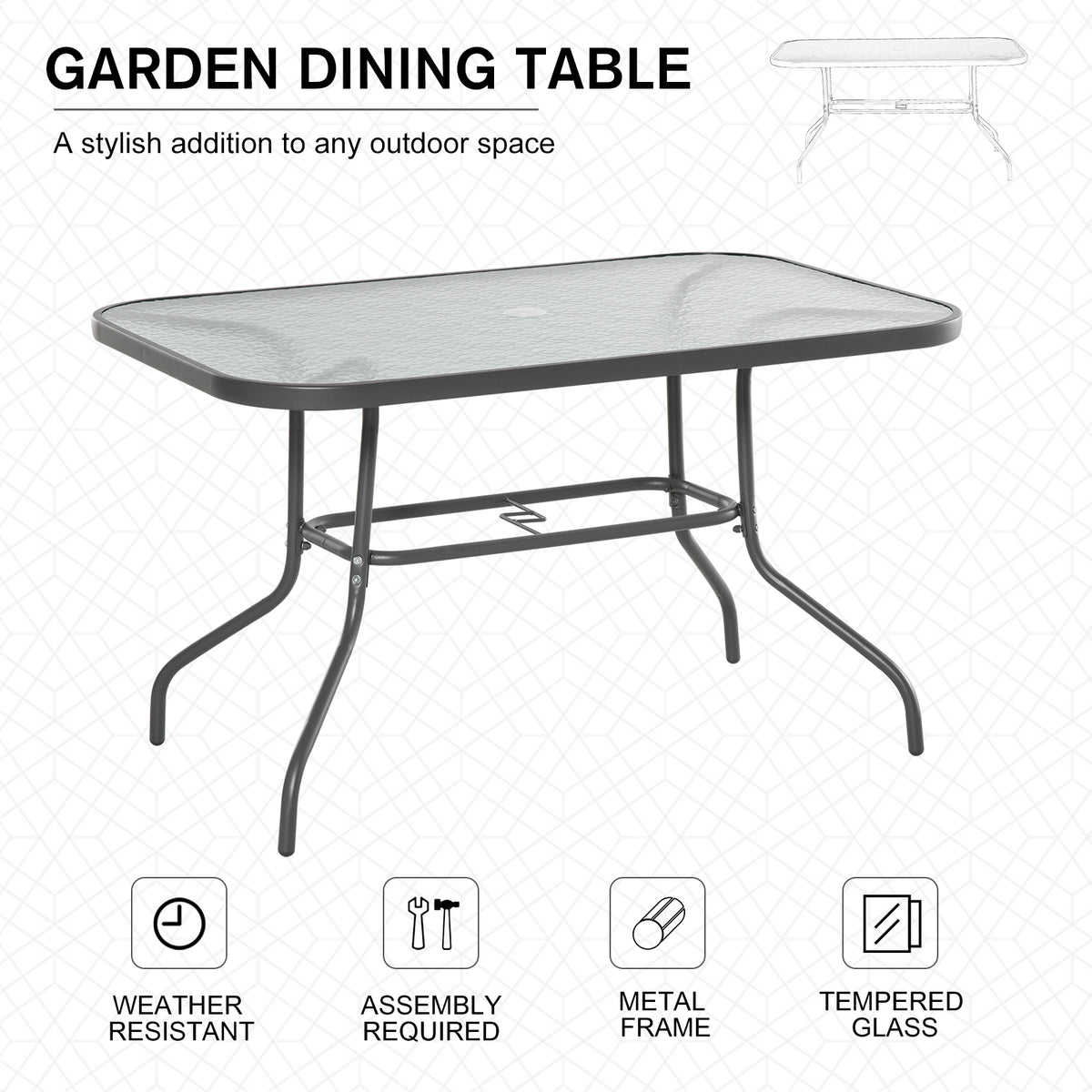 Metal Garden Dining Table with Umbrella Hole, Outdoor Patio Table with Tempered Glass Top, 47.25" x 31.5"