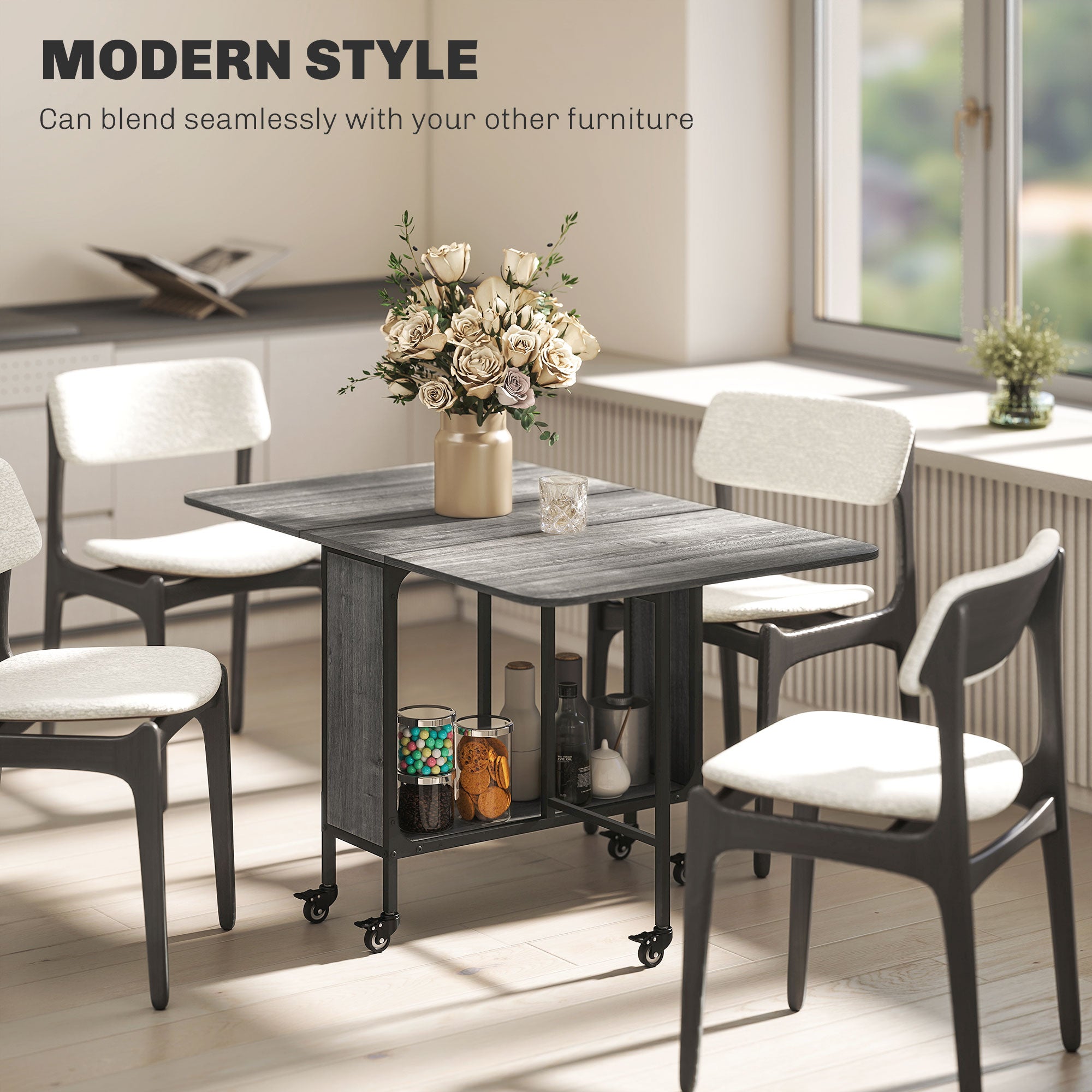 Folding Dining Table, Extendable Kitchen Table for Small Spaces with Storage Shelf and 6 Wheels, Distressed Grey