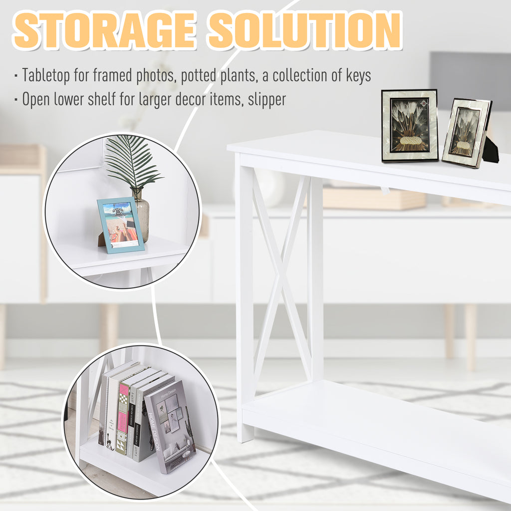40" Console Table, 2 Tier X-Design Narrow Entryway Table with Storage Shelf for Behind Couch, Living Room, Hallway, White