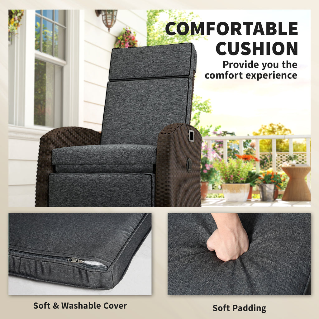 Outdoor Recliner Chair with Adjustable Backrest, Cushion, Side Tray, Dark Grey