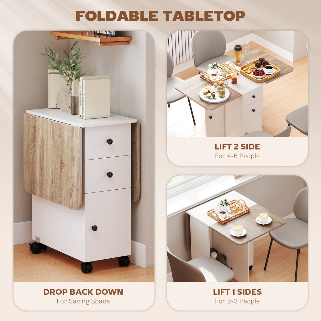 Drop Leaf Dining Table, Mobile Folding Table on Wheels with Drawers and Cabinet for Dining Room, Kitchen, White and Oak