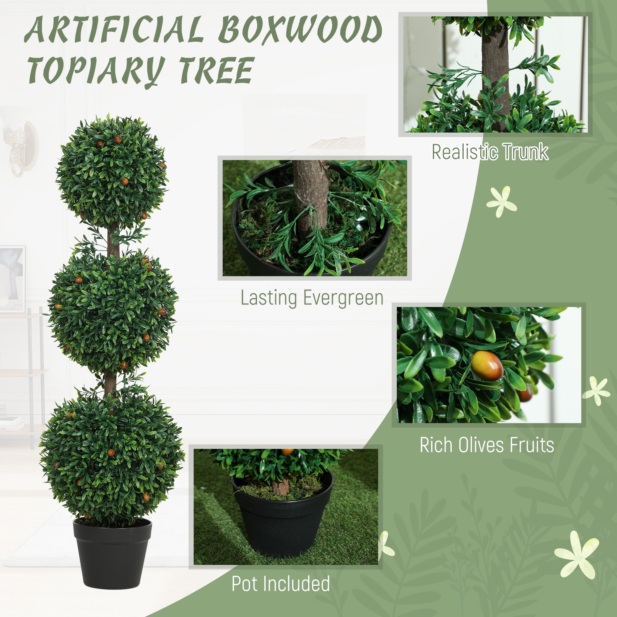 3.3FT Artificial Boxwood Topiary Tree Set of 2, Faux Three Ball Topiary Tree in Pot for Indoor Outdoor Decor, Green
