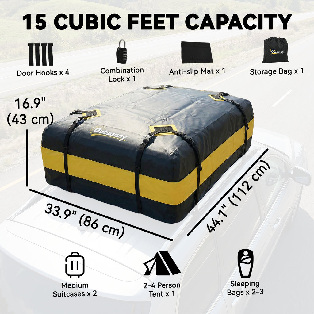 Rooftop Cargo Carrier, 15 Cubic Feet Waterproof Soft-Shell Car Roof Storage Bag with Door Hooks, Anti-Slip Mat