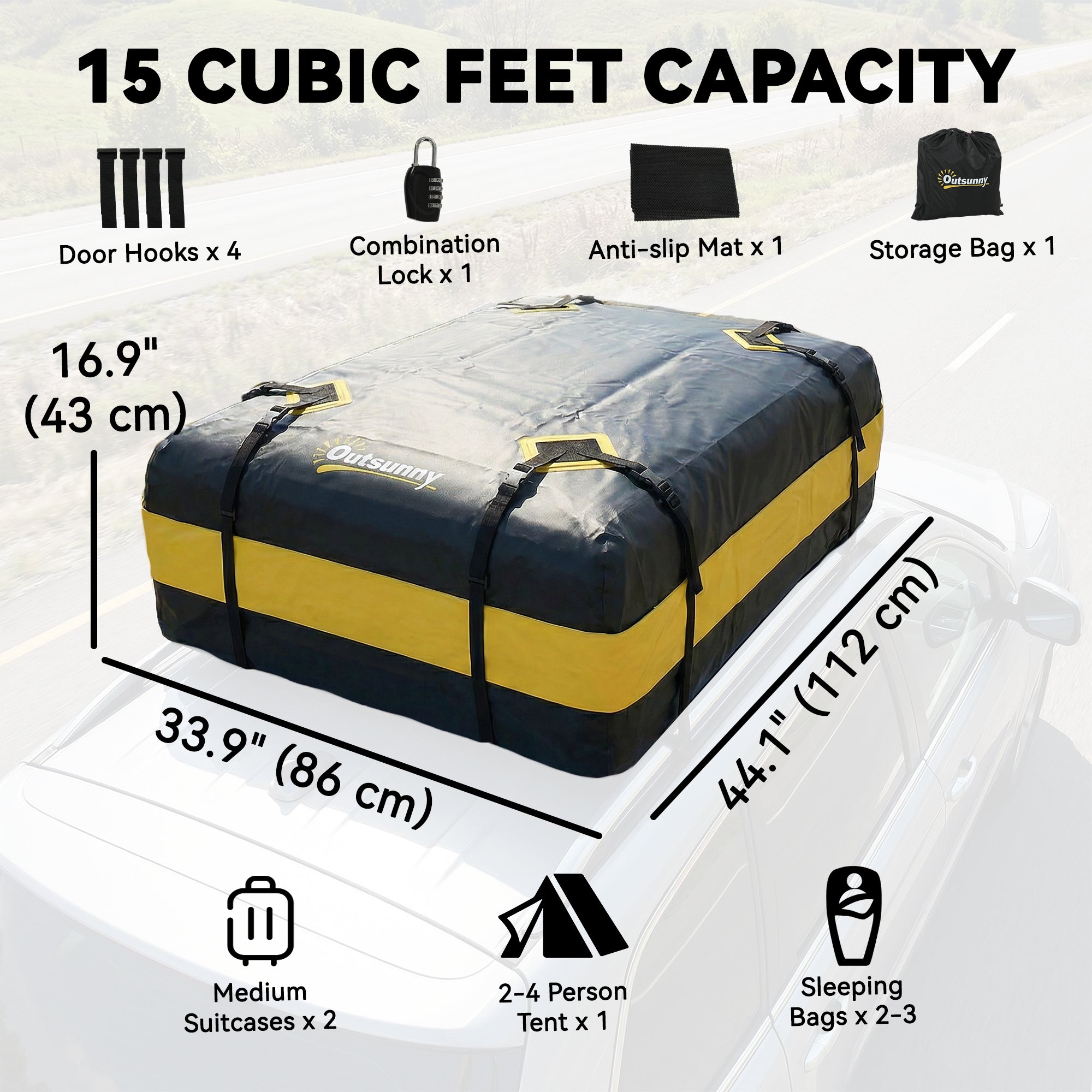 Rooftop Cargo Carrier, 15 Cubic Feet Waterproof Soft-Shell Car Roof Storage Bag with Door Hooks, Anti-Slip Mat