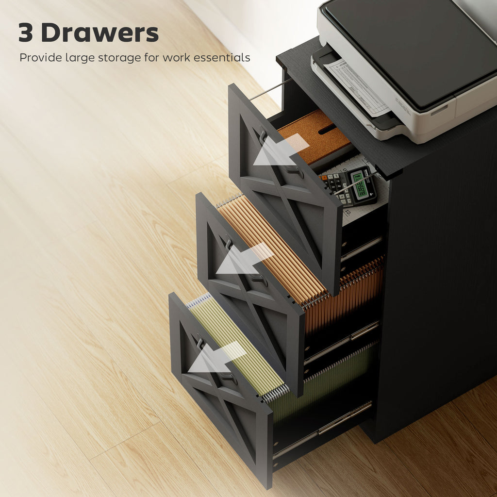 3 Drawer File Cabinet with Silent Slides, Vertical Farmhouse Filing Cabinet Fits Letter/A4 Size Home Office, White