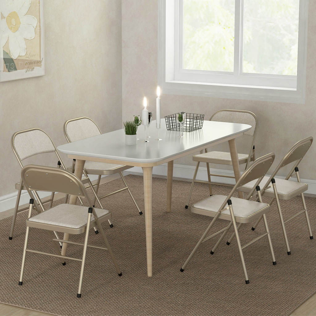 Set of 6 Metal Foldable Chairs, Faux Linen Padded Folding Chairs with Cushion Seat and Open Back for Indoor, Beige