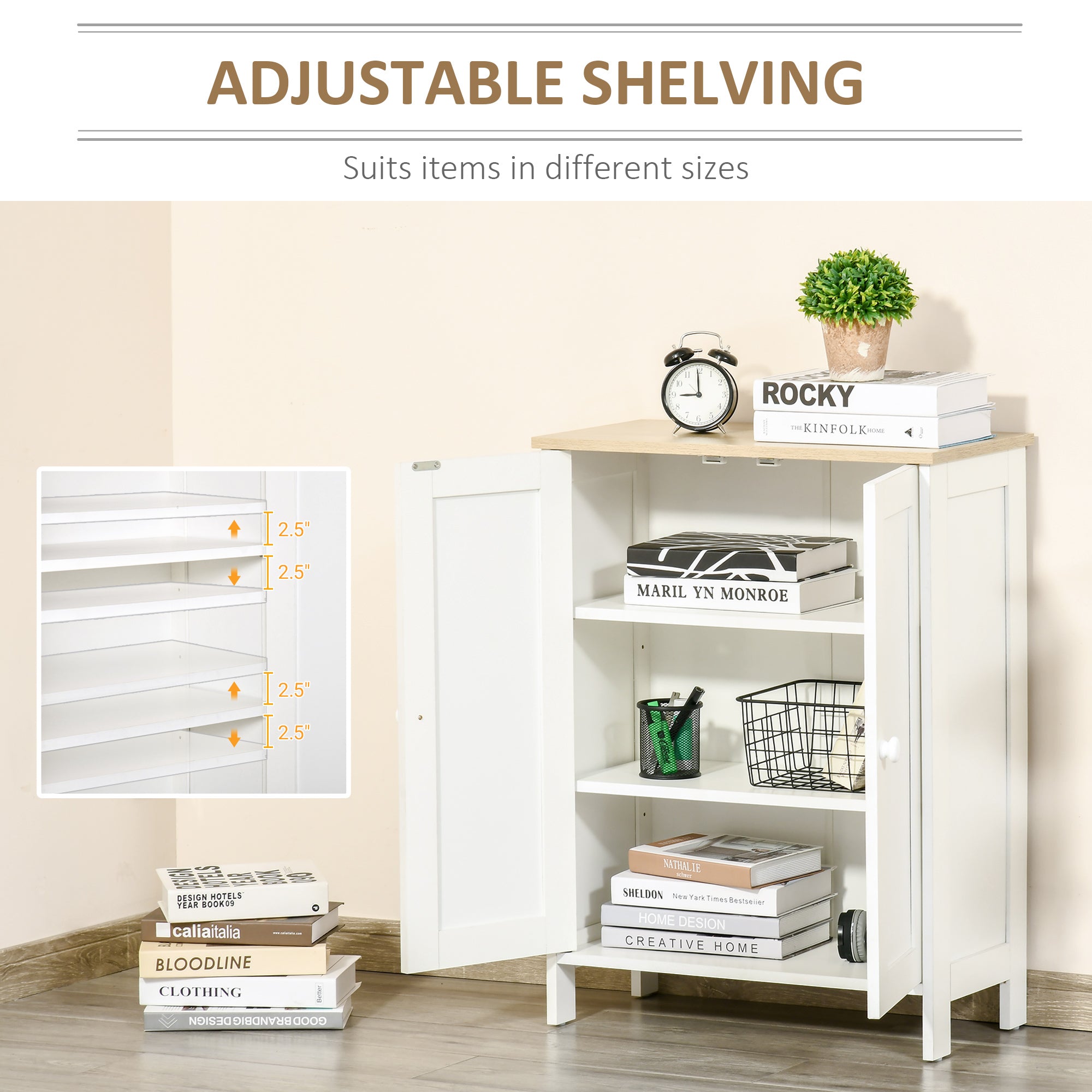 Storage Cabinet with Doors, Cupboard Organization with 2 Adjustable Shelves, Storage Solution for Living Room, Bathroom
