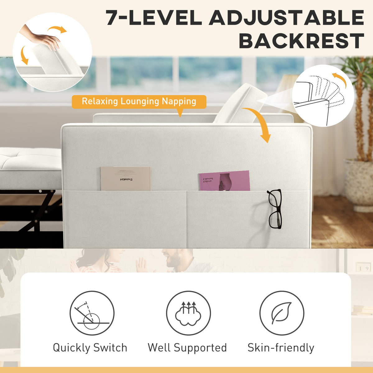 Convertible Chair Bed, Pull Out Sleeper Chair with USB, Adjustable Backrest, Small Velvet Futon Sofa Bed, Cream White