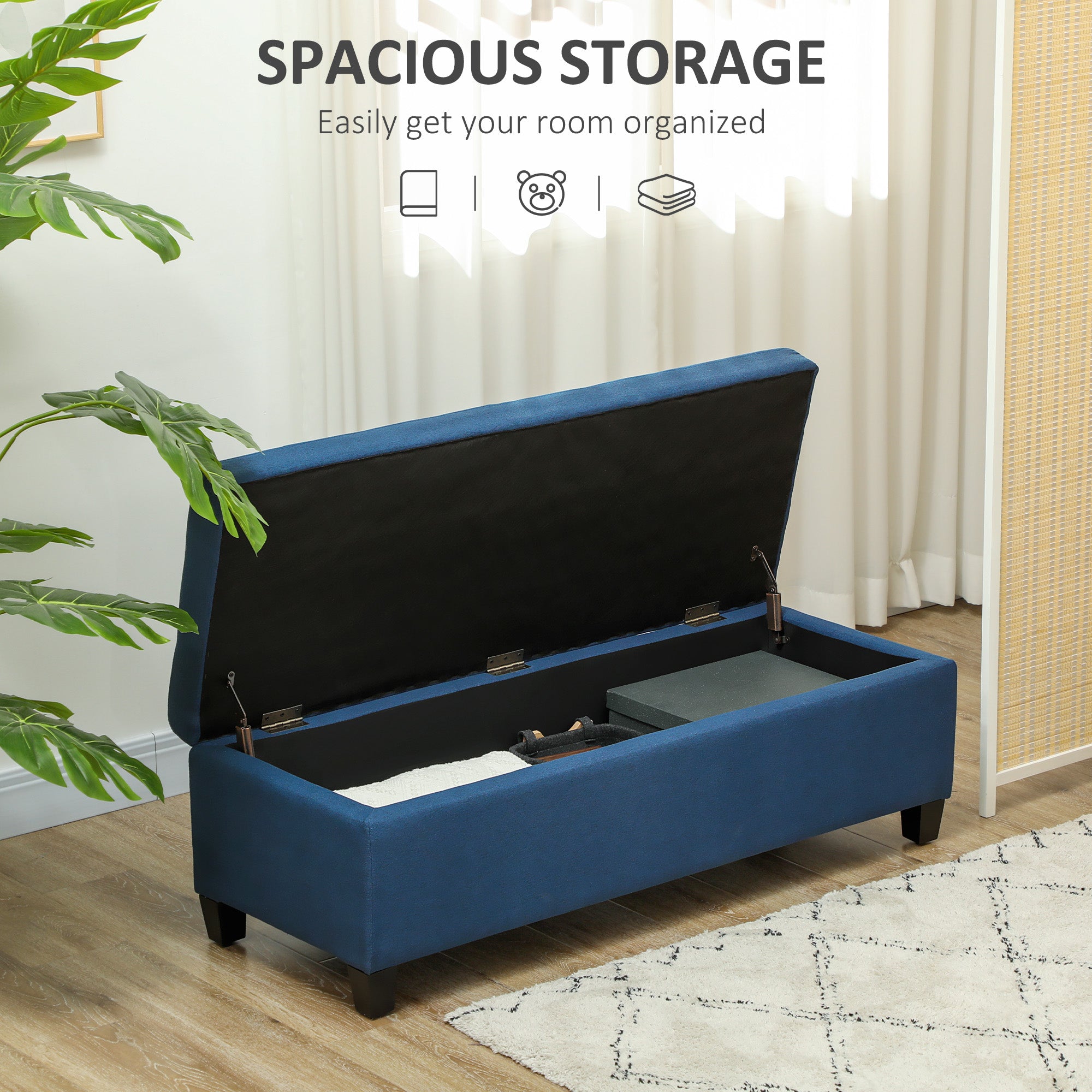 Rectangular Entry Bench, Tufted Upholstered Linen Fabric Wood Feet Storage Ottoman Bench, Grey