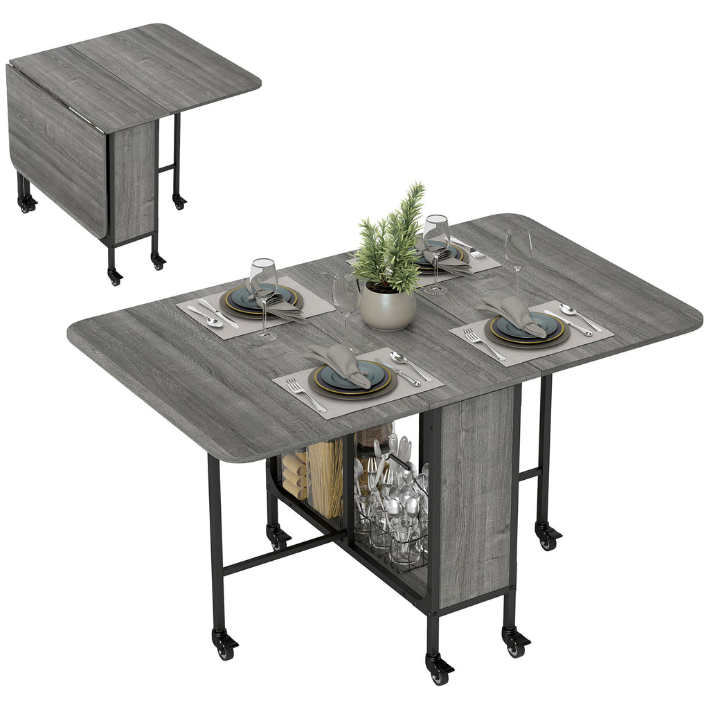 Folding Dining Table, Extendable Kitchen Table for Small Spaces with Storage Shelf and 6 Wheels, Distressed Grey