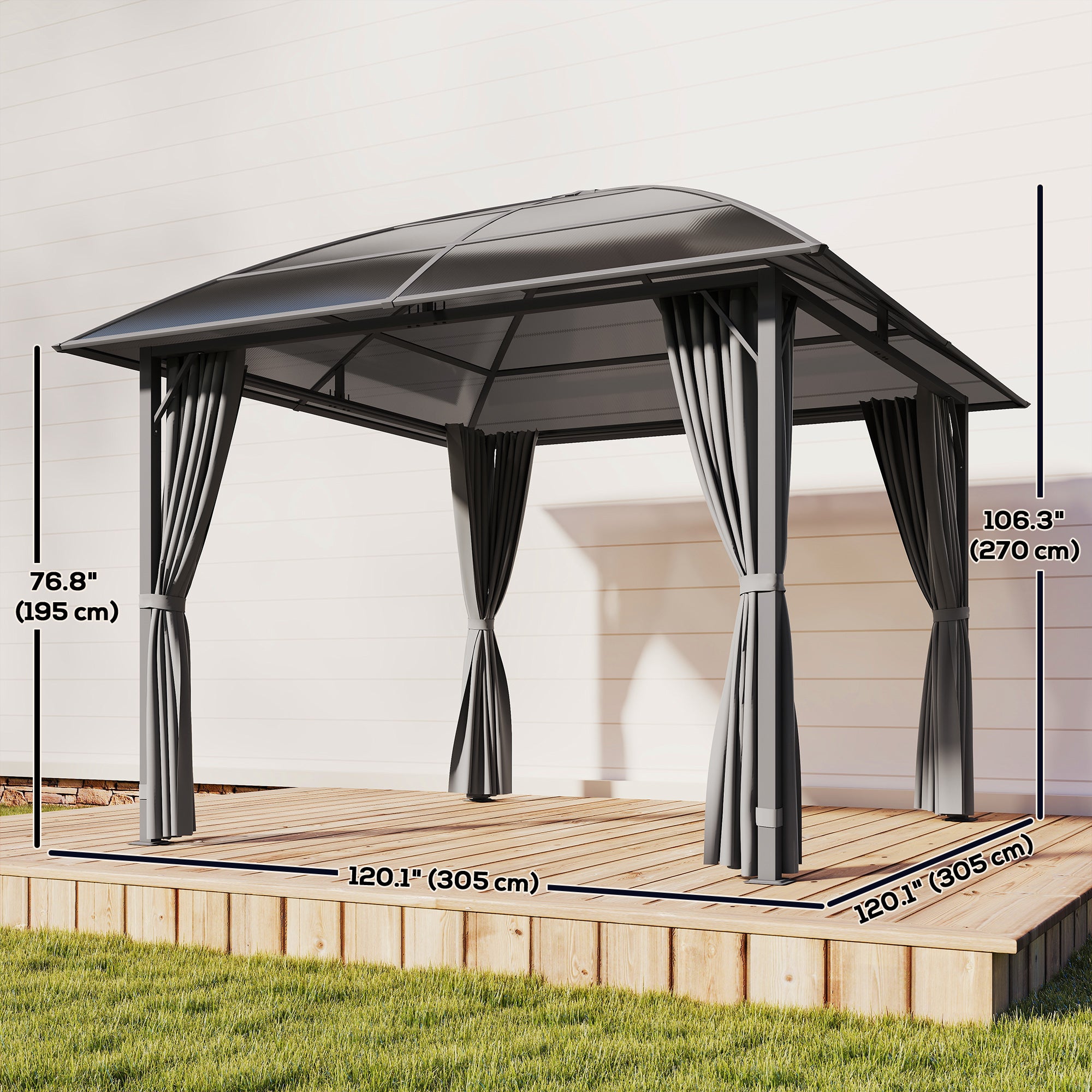 10' x 10' Outdoor Hardtop Gazebo Canopy with UV50+ Polycarbonate Roof, Steel Frame, Central Hook, Curtains, Light Grey